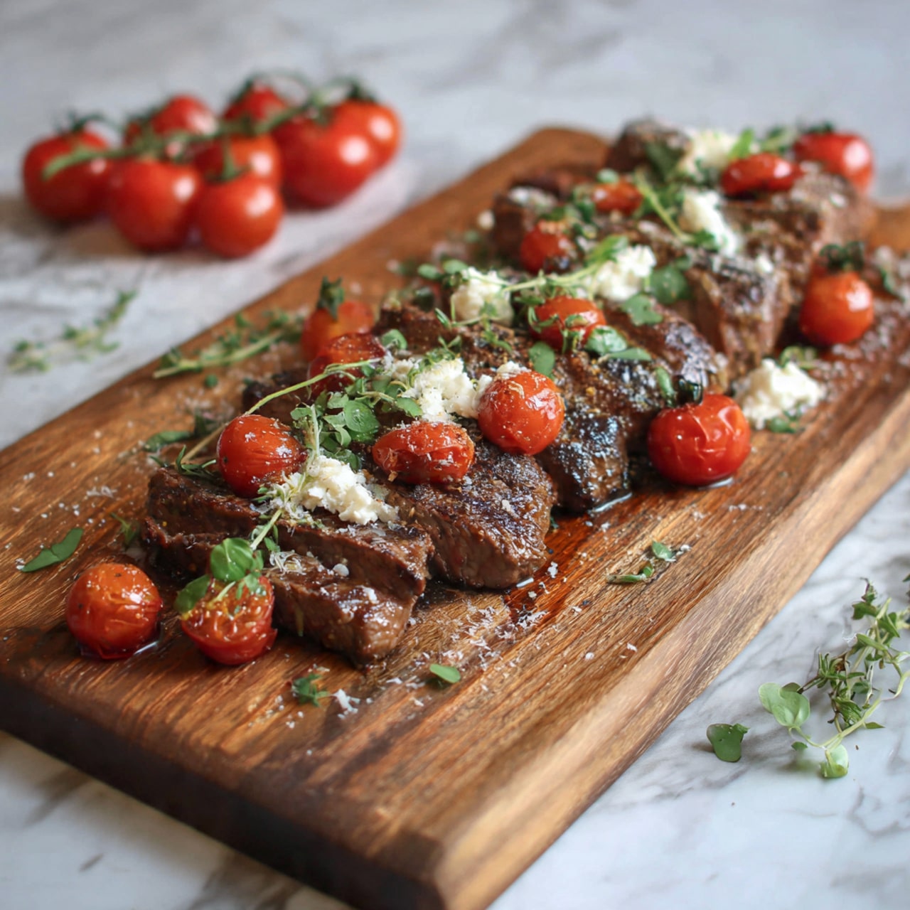 The image shows a wooden cutting board covered with sliced grilled steak arranged in a neat line. On top of the steak are bright red cherry tomatoes, small pieces of white cheese, and some fresh green herbs scattered evenly. Cherry tomatoes are whole and halved, adding a fresh texture. In the background, there is a cluster of whole cherry tomatoes. The surface beneath the wooden board has a white marbled texture. photo taken with an iphone --ar 4:5 --v 7
