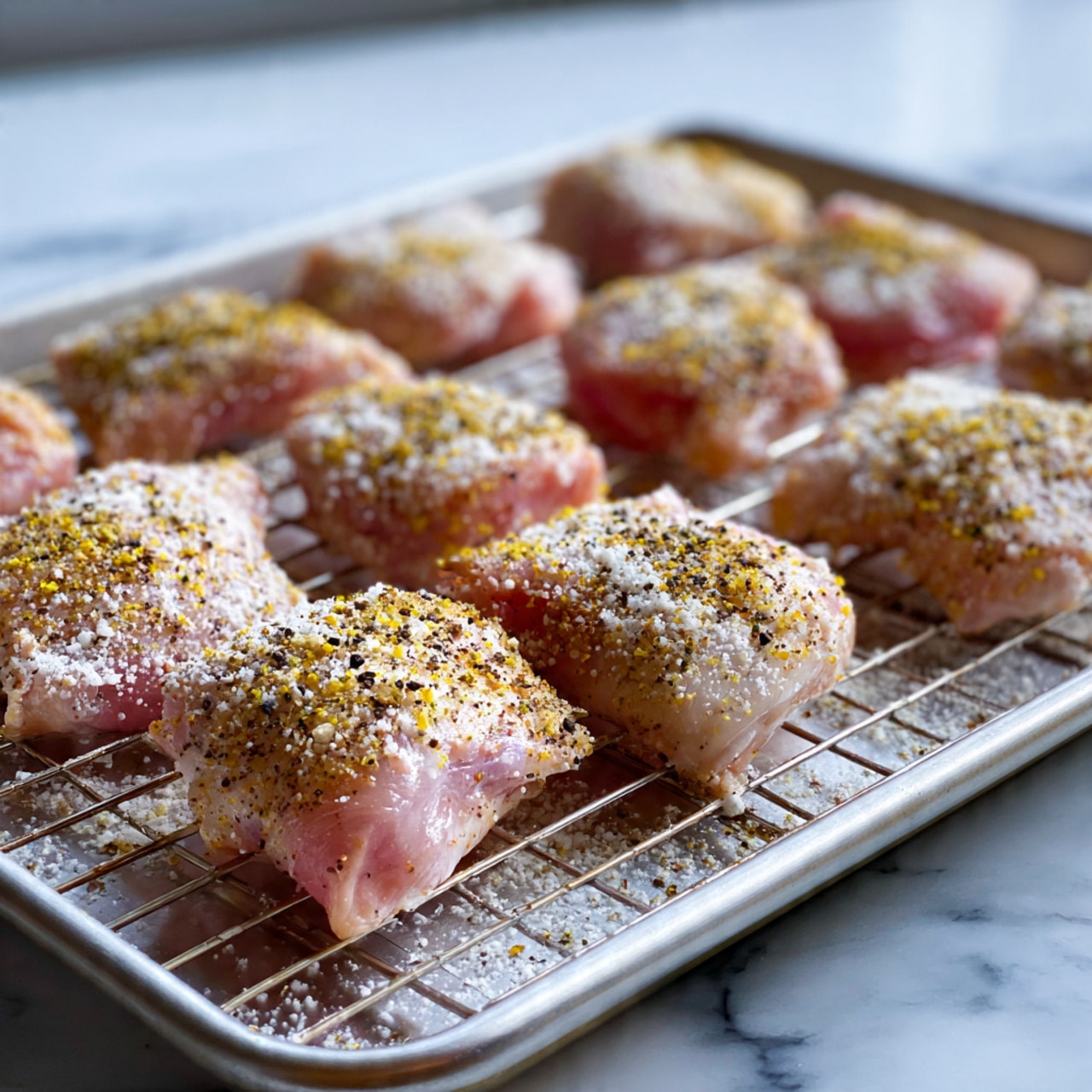The image shows fourteen pieces of pinkish raw chicken thighs arranged in rows on a silver wire rack over a metal tray. Each piece has a white powder sprinkled unevenly on top, along with some yellow seasoning and black pepper dots. The setting is bright, and the background surface under the tray is a white marbled texture. photo taken with an iphone --ar 4:5 --v 7