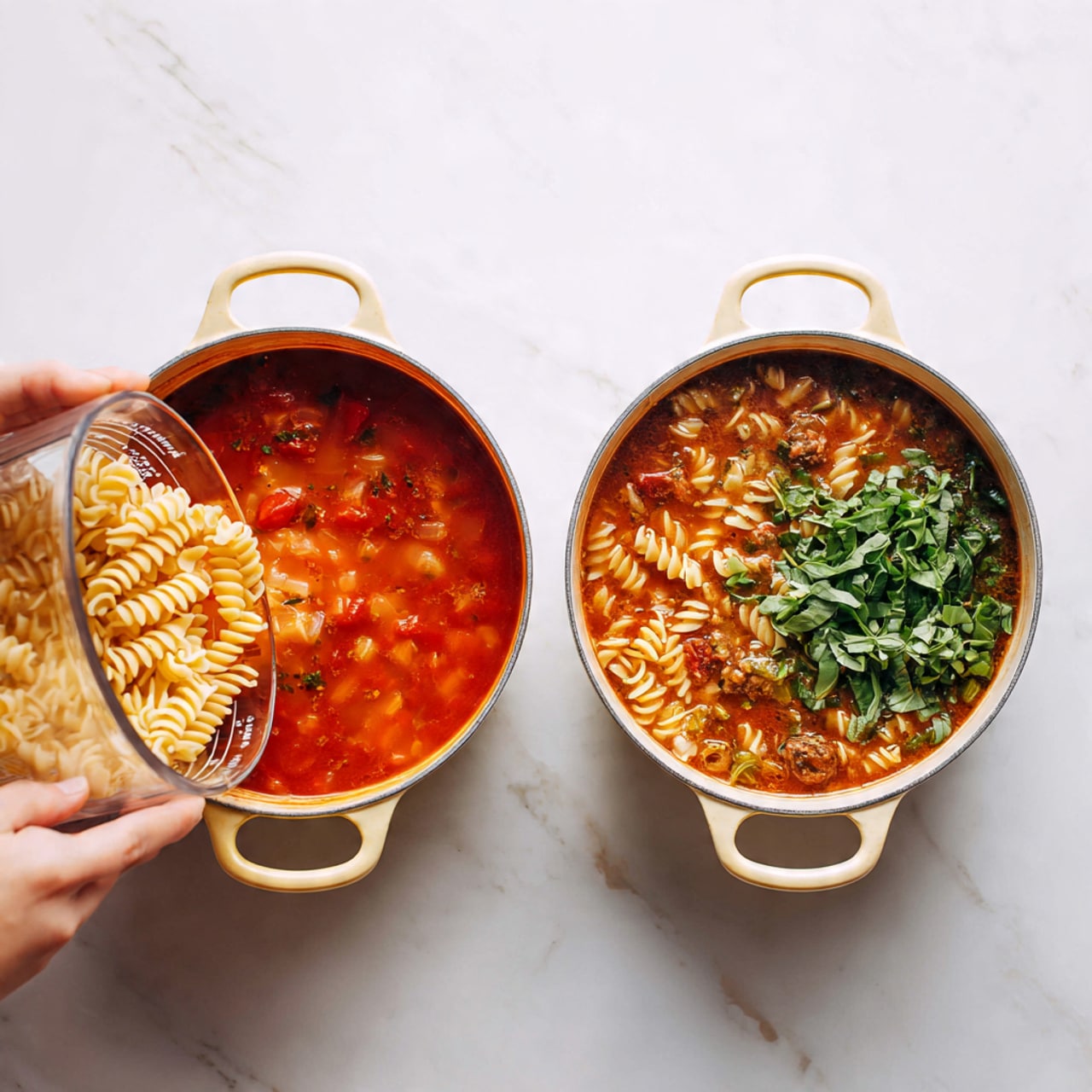 The image shows two white pots on a white marbled surface, each filled with tomato soup at different cooking stages. The pot on the left has a smooth tomato broth with visible small red and orange vegetable bits and herbs, while a woman's hand pours spiral pasta into it from a clear measuring cup. The pot on the right is filled with a thicker tomato soup featuring chunks of meat and pasta, topped with a bright pile of fresh green basil leaves. Both pots are round with pale yellow handles, captured from above with clear detail and natural light, photo taken with an iphone --ar 4:5 --v 7