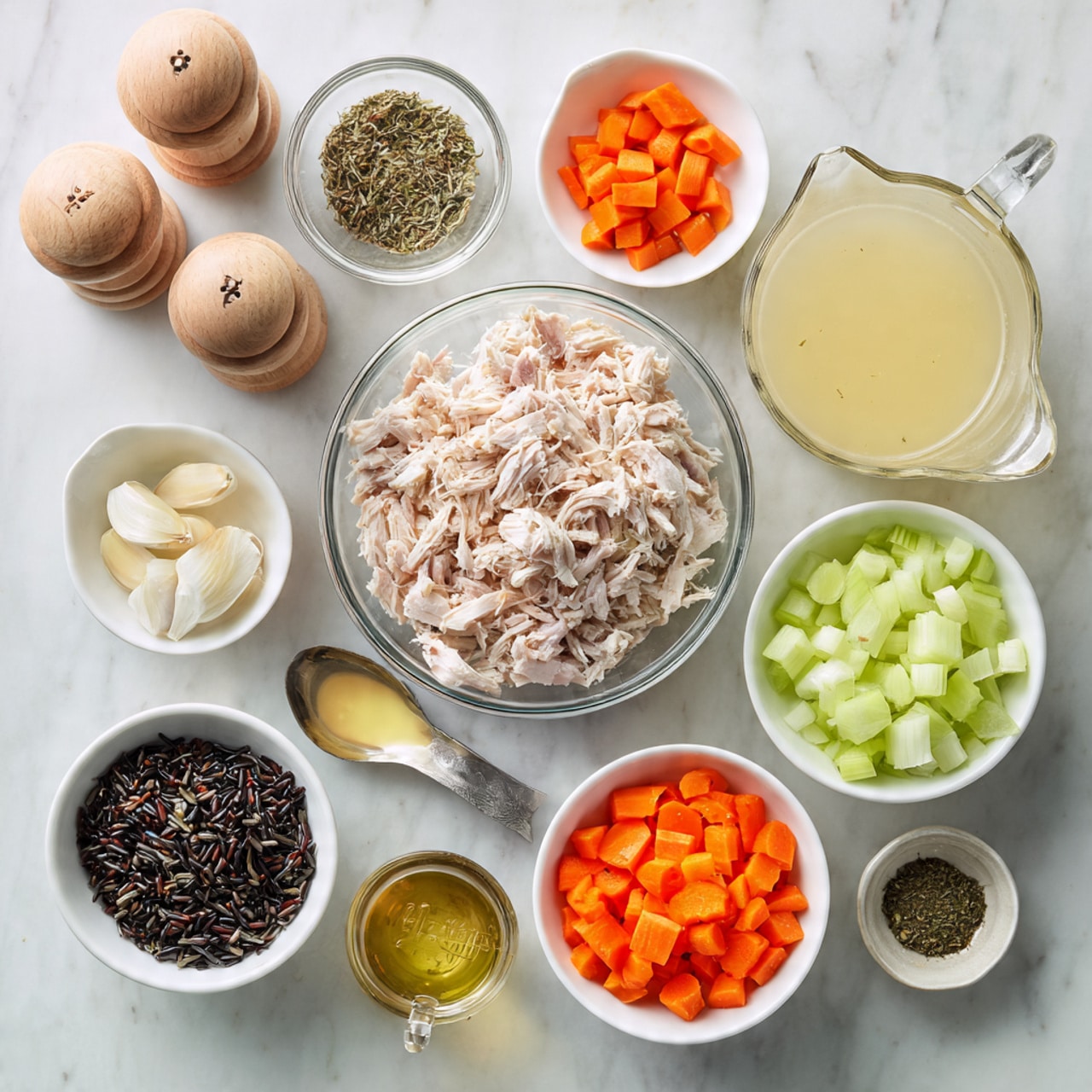 The image shows a white marbled surface with several small white bowls and clear glass containers arranged neatly. In the center, there is a clear glass bowl filled with shredded light pink cooked chicken. Around it, there are bowls containing bright orange chopped carrots, pale green sliced celery, white chopped onions, black wild rice, and pale yellow butter cubes. Two clear measuring cups hold a light cream-colored liquid and a light yellow broth. Small metal bowls contain minced garlic and dried herbs, and there are two wooden-topped salt and pepper shakers in the top left corner. The whole setup looks clean and organized. photo taken with an iphone --ar 4:5 --v 7