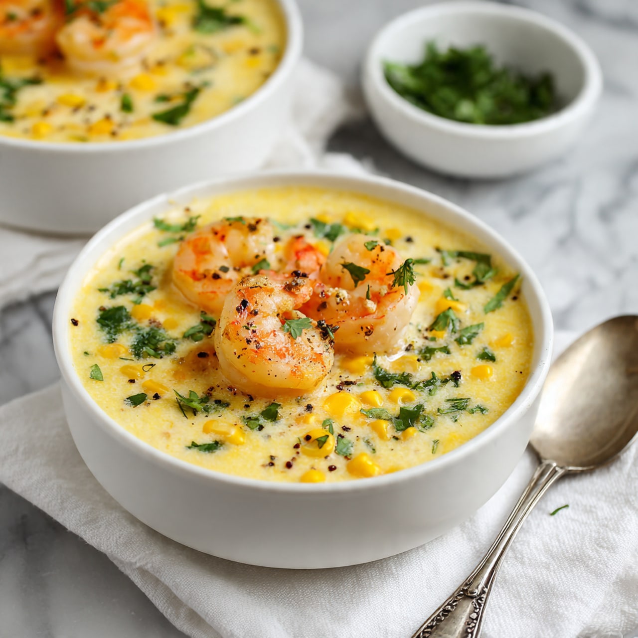 A white bowl filled with creamy yellow soup that has small pieces of green herbs and corn kernels mixed in. On top, there are a few large shrimp with a slight orange tint, with one shrimp sitting in the middle as the focal point. The soup looks smooth with tiny black pepper dots scattered throughout. The bowl sits on a white marbled surface with a white cloth under it, and in the blurry background, there is another white bowl with similar soup and a small white bowl containing green herbs. A silver spoon with an ornate handle lies beside the bowl. Photo taken with an iphone --ar 4:5 --v 7