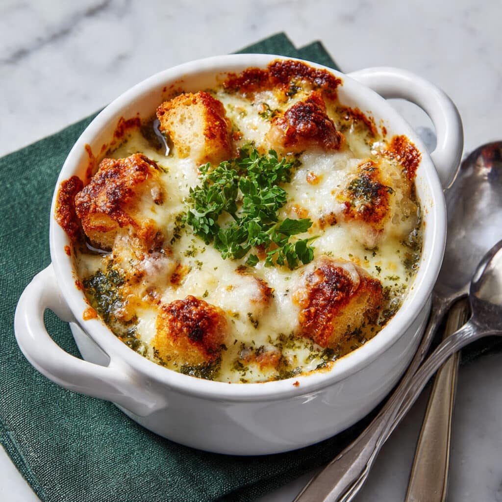 French Onion Soup with Croutons and Melted Gruyère | Cozy & Delicious