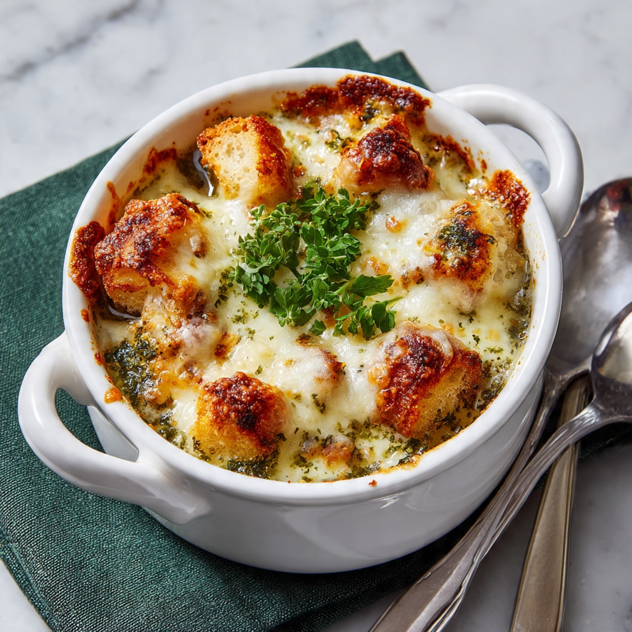 A white bowl with two handles is filled with a baked dish featuring a melted golden brown cheese layer on top, slightly browned and bubbly. Small pieces of bread or croutons peek through the cheese, showing a crispy texture. A sprig of fresh green herb lies on the cheese near the center. The bowl sits on a white marbled surface with a folded green cloth napkin beside it and a silver spoon resting nearby. Photo taken with an iphone --ar 4:5 --v 7