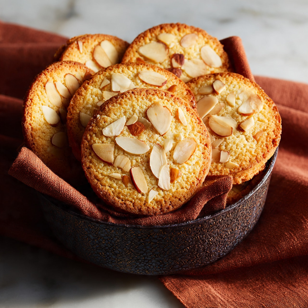 A close-up view of a stack of thin, round golden cookies with a slightly crispy texture, each topped with scattered almond slices that add a mix of beige and light brown colors. The cookies are arranged in a dark textured bowl lined with a soft, rust-colored cloth that gently cradles them. The whole scene sits on a white marbled surface, with sunlight casting warm, natural shadows that highlight the layers and textures. photo taken with an iphone --ar 4:5 --v 7