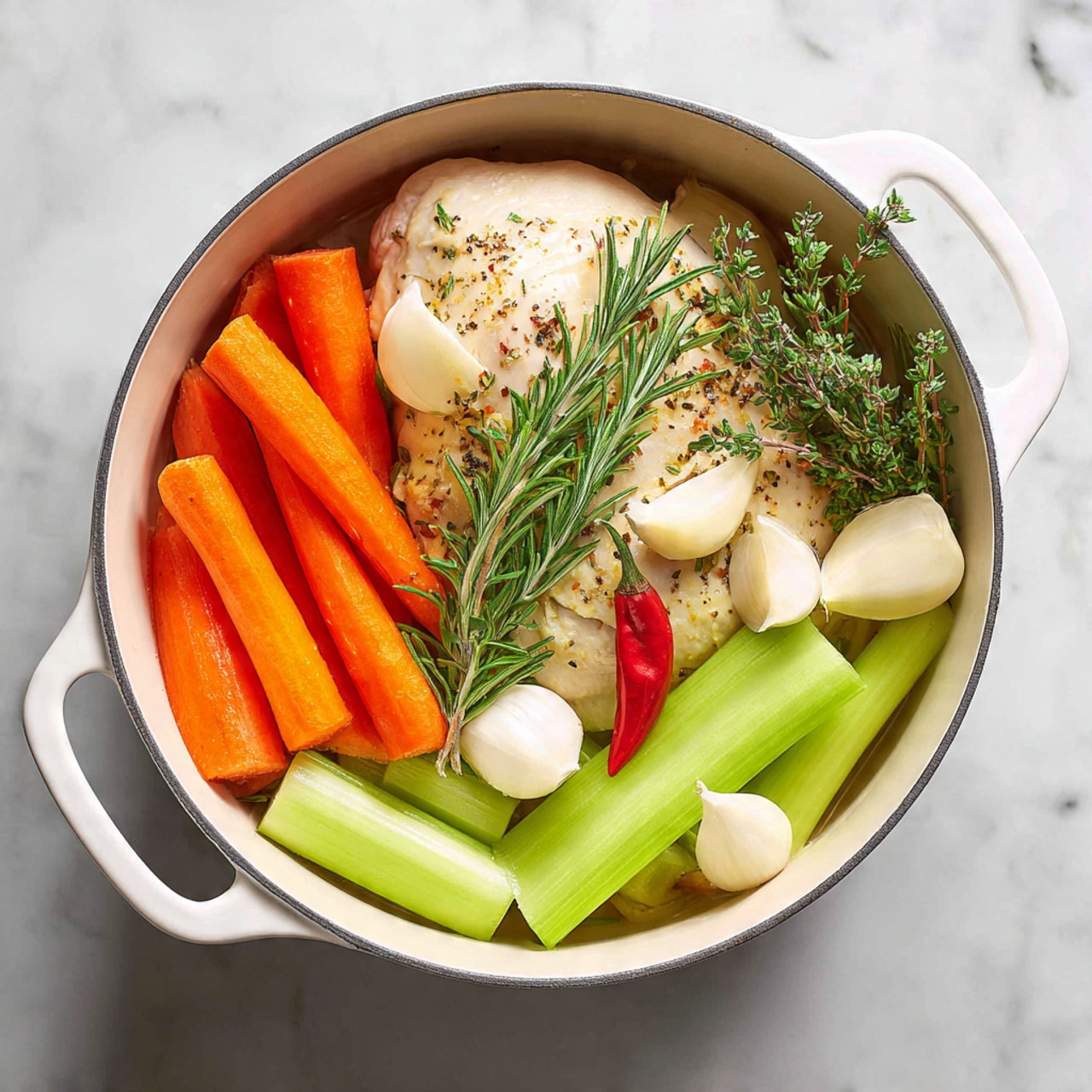 Inside a white pot on a white marbled surface, there are several whole peeled carrots placed mainly on the left side. Near the center, there is a large, pale piece of chicken surrounded by fresh green celery stalks arranged around the edges. Scattered on and around the chicken are whole garlic cloves and a few sprigs of fresh herbs like rosemary and thyme. The colors range from bright orange of the carrots to the light green of the celery and the pale color of the chicken and garlic. There is also a small red chili pepper sitting near the herbs. Photo taken with an iphone --ar 4:5 --v 7