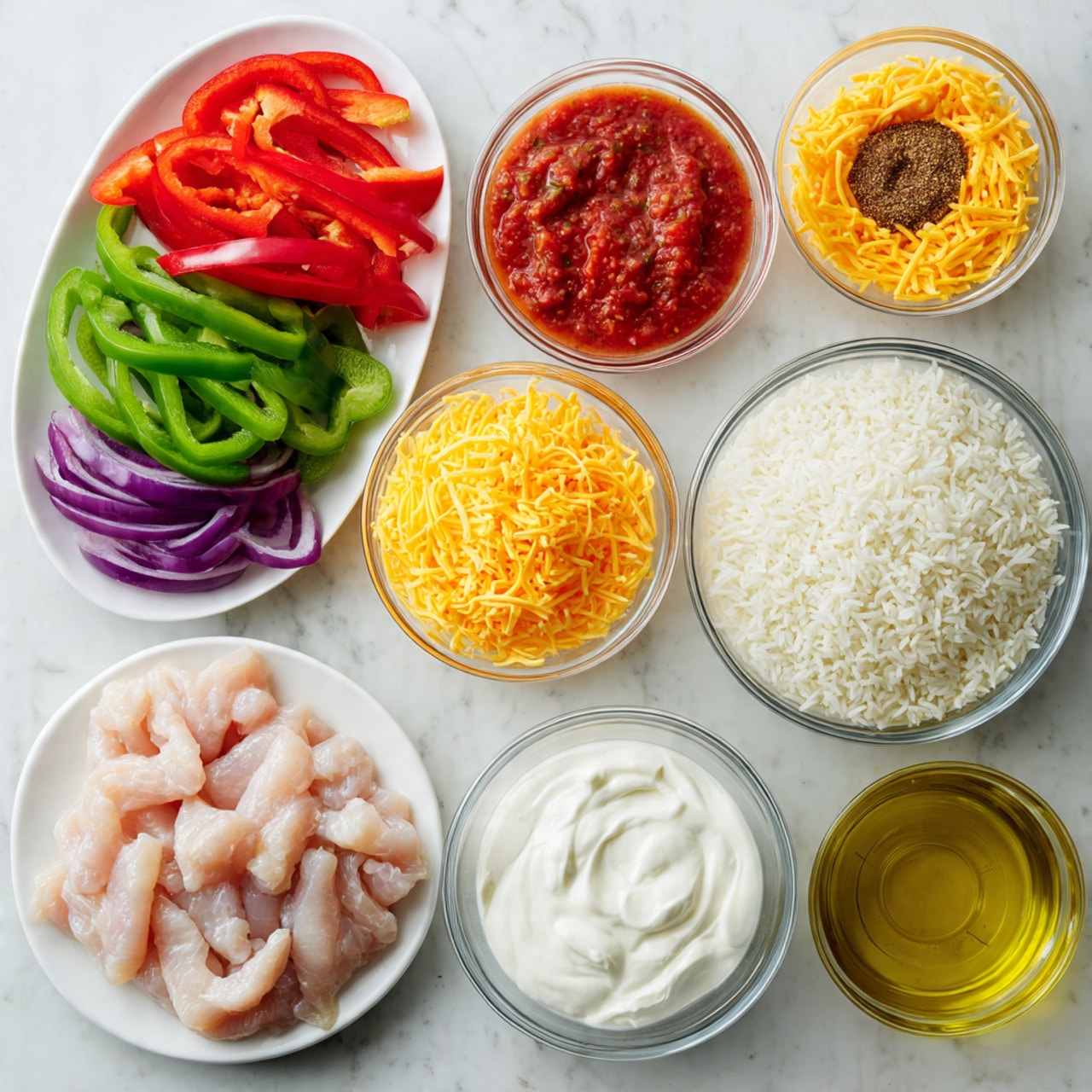 A top view of various raw ingredients arranged on a white marbled surface. There is a white plate in the lower left corner with light pink raw chicken strips. Above it, there is a small clear glass bowl with brown seasoning. Next to it, there is a clear glass filled with red salsa. Directly above that, a white plate holds three sections of sliced bell peppers in bright red, green, and purple colors, arranged side by side. To the right of the salsa, there is a clear glass bowl filled with light yellow and orange shredded cheese. Below that, another clear bowl contains white sour cream. To the right of the sour cream, a larger clear bowl is filled with white cooked rice. In the upper right corner, there is a glass container with golden olive oil. The overall image is bright and clean. photo taken with an iphone --ar 4:5 --v 7