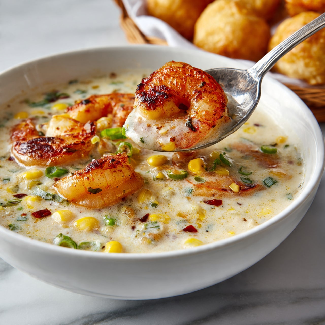 A close-up view of a creamy soup in a white bowl, showing a thick light cream base with bits of yellow corn, small green onion pieces, and tiny red pepper flakes scattered throughout. Floating near the top are orange shrimp with a slightly charred look, one being lifted by a spoon to show its curved shape and texture. The bowl sits on a white marbled surface, with a basket of golden round pastries blurred in the background. photo taken with an iphone --ar 4:5 --v 7