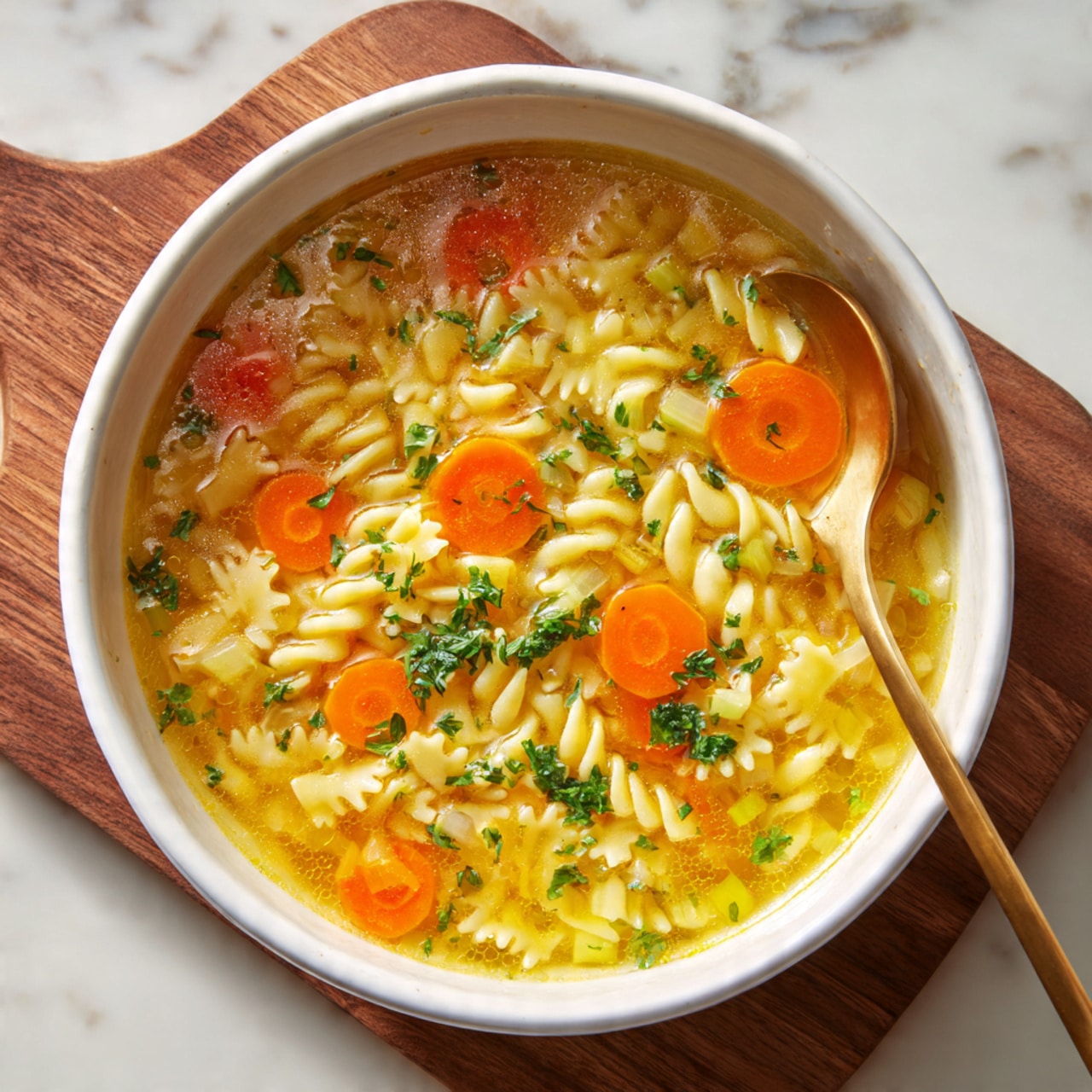 A white bowl filled with yellow broth soup containing small, star-shaped pasta pieces scattered throughout, with bright orange carrot round slices layered on top, along with diced light yellow vegetables. The soup has small green herb pieces sprinkled unevenly for contrast. A golden spoon is partially resting inside the bowl on the right side. The bowl sits on a wooden board over a white marbled surface with some blurred greens in the background. photo taken with an iphone --ar 4:5 --v 7