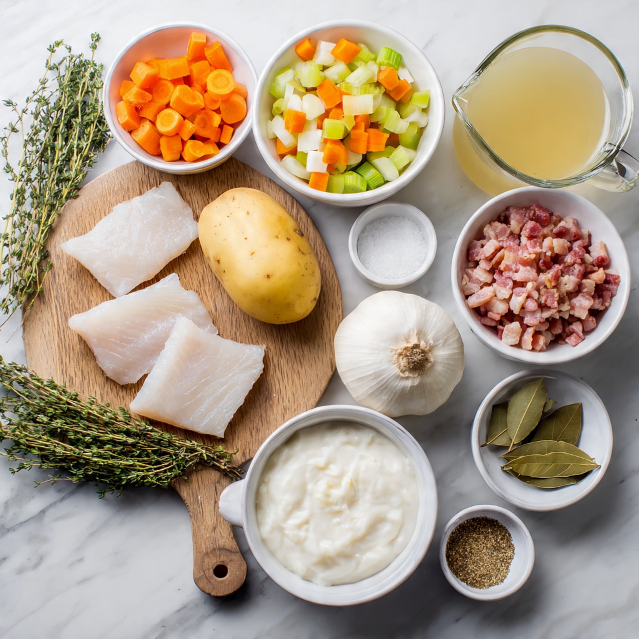 The image shows various cooking ingredients arranged neatly on a white marbled surface. There is a round wooden cutting board holding a large yellow potato, a bulb of garlic, and some fresh green thyme sprigs. Around the board, several white bowls and pitchers hold different ingredients: one bowl has raw white fish fillets, another contains diced orange carrots, green celery, and white onions mixed, a smaller bowl has chopped bacon pieces, and another small bowl holds white cream or milk. There are also two small white bowls, one with light brown seasoning and bay leaves, and another with clear liquid, possibly broth. A glass pitcher with light yellow liquid, likely chicken broth, is also present. photo taken with an iphone --ar 4:5 --v 7