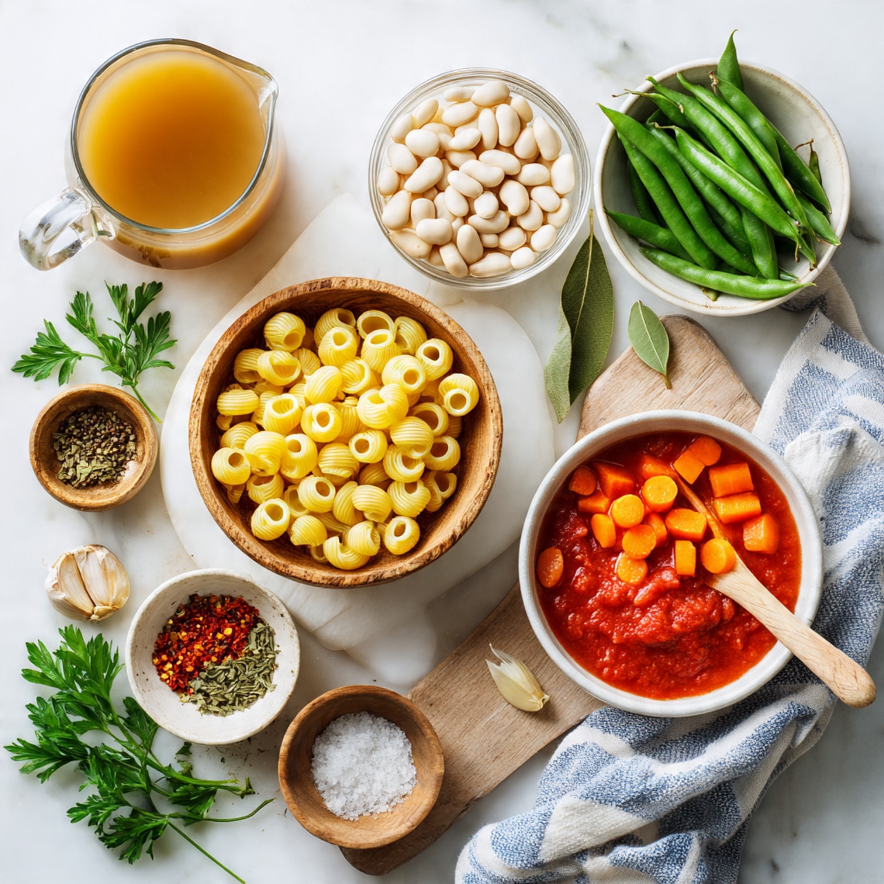 The image shows multiple bowls and items of ingredients placed on a white marbled surface. At the center is a light wooden bowl with small yellow pasta rings and a wooden spoon resting inside. To the right is a white bowl filled with vivid orange carrot slices, and below it, another white bowl contains bright red chopped tomatoes in juice, partially covered by a light cloth with blue stripes. Above the pasta bowl, there is a clear glass bowl full of white beans next to a glass measuring jug filled with light brown broth. On the left side, there is a small clear bowl with light green celery slices, fresh green beans laid in a bunch, a whole yellow onion, several cloves of garlic, two pale green bay leaves on a light wooden board, and small bowls and plates with various spices and seasoning, including salt, red pepper flakes, dried herbs, and cumin seeds. Sprigs of fresh green parsley rest at the top left corner. The setting is bright and clean, capturing the natural colors and textures of the ingredients clearly. photo taken with an iphone --ar 4:5 --v 7