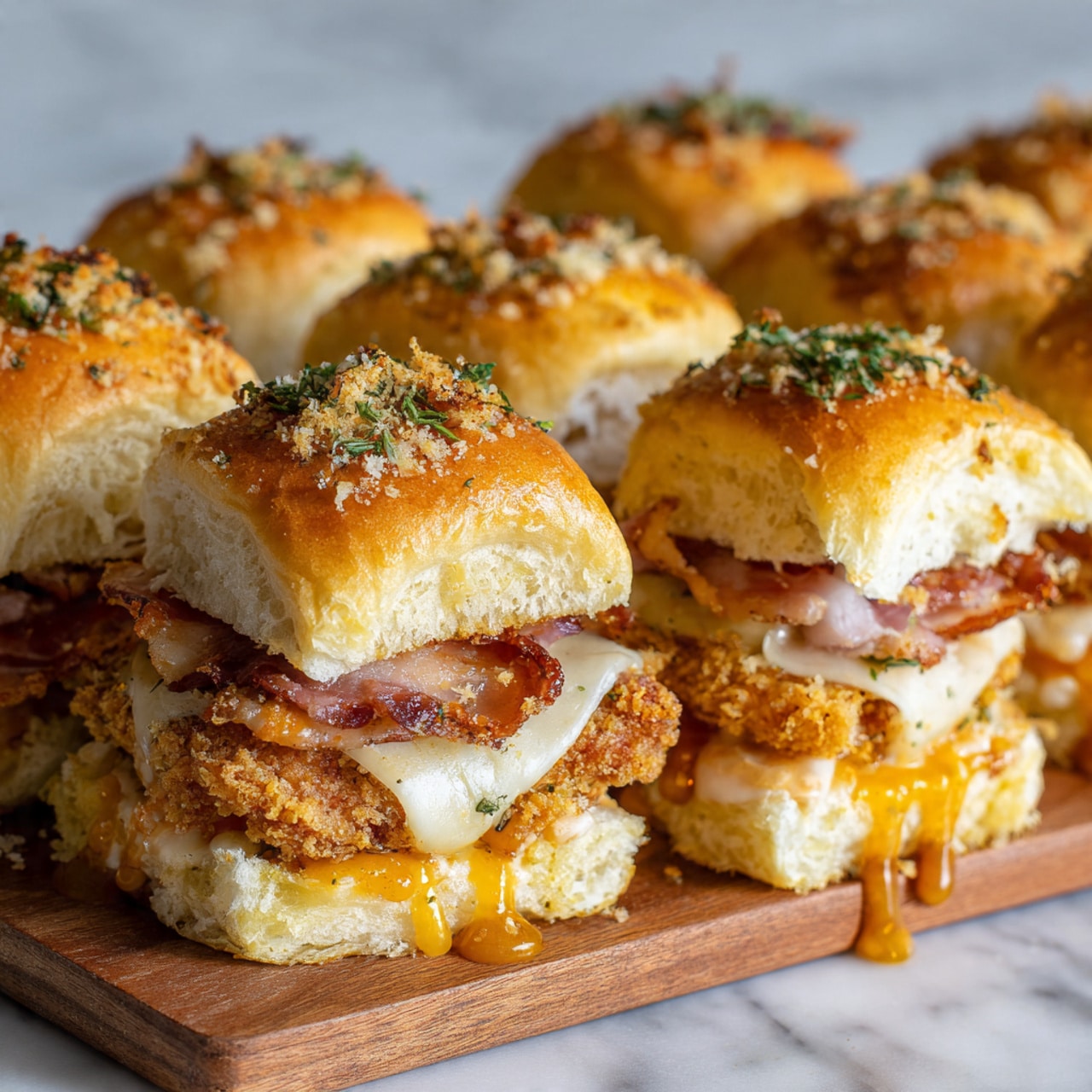 The image shows several small sandwiches placed close together on a wooden board with a white marbled background. Each sandwich has three layers: the top golden-brown bun sprinkled with crumbs and herbs, the middle layer of crispy bacon strips over a slice of melted white cheese, and the bottom layer with a crispy breaded chicken fillet with some orange sauce dripping down onto the soft bottom bun. The buns look soft and fluffy with a slightly shiny surface, and the sandwiches are stacked evenly in rows. photo taken with an iphone --ar 4:5 --v 7