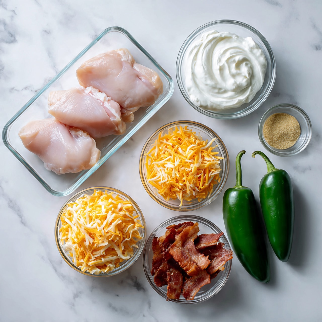 The image shows six separate layers of ingredients arranged on a white marbled surface. In the top left corner, there is a clear glass rectangular dish holding three raw pale pink chicken pieces. To the right of this dish, a small clear bowl holds thick white sour cream. Below this, another small clear bowl contains light yellow ground spices. In the middle bottom of the image, a clear bowl overflows with shredded bright orange cheddar cheese. Just above this bowl, another small clear bowl holds crispy brown bacon strips. To the right of the cheese bowl, two fresh dark green jalapeño peppers lie side by side. Photo taken with an iphone --ar 4:5 --v 7