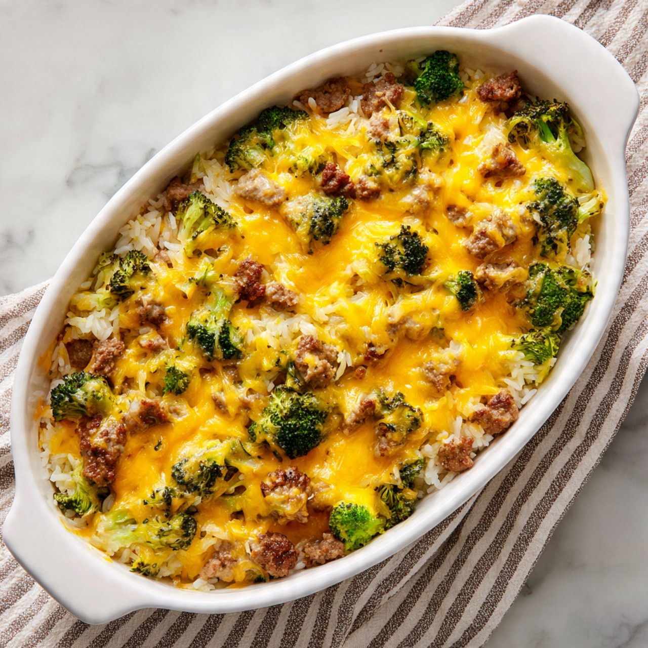 The image shows a white oval baking dish filled with a layered casserole. The bottom layer has a mix of rice and small green broccoli pieces. The next layer includes chunks of browned meat mixed evenly with the vegetables. The top layer is covered with melted yellow cheese that looks bubbly and slightly browned in spots. The dish sits on a white marbled surface with a striped cloth partially visible underneath. photo taken with an iphone --ar 4:5 --v 7