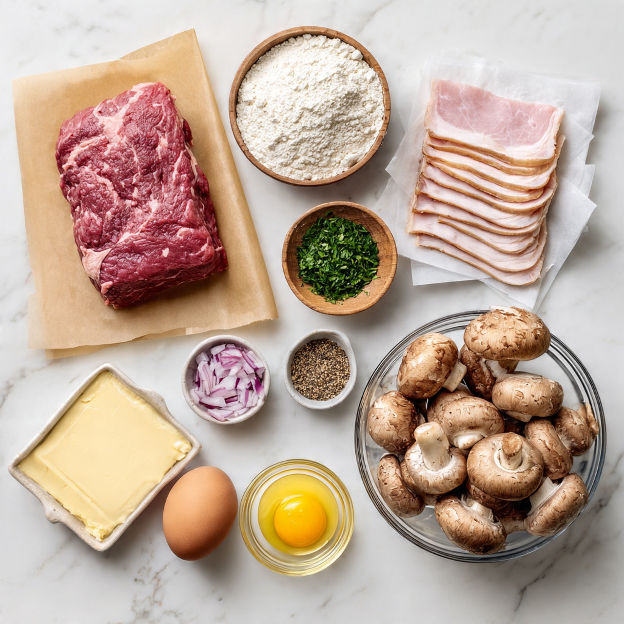 A top-down view of various raw ingredients arranged neatly on a white marbled surface, including a whole piece of raw red meat on brown parchment paper at the top left, a stack of thin light pink ham slices on white paper at the top right, a bowl of white flour, a small bowl of green herbs, a small wooden bowl filled with coarse salt, a small clear bowl of chopped red onions, a small clear bowl of cracked black pepper, a small bowl of smooth yellow mustard, an uncracked brown egg, a folded sheet of pale yellow pastry dough on white paper, a small square of butter, and a large clear bowl filled with several whole brown and beige mushrooms. photo taken with an iphone --ar 4:5 --v 7