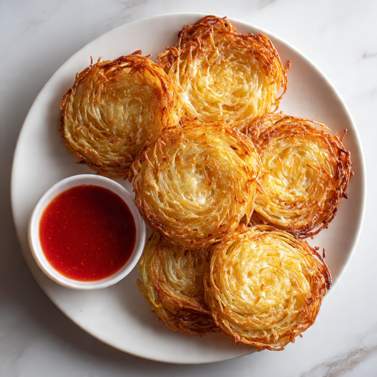 The image shows six round snacks with many thin, golden, and crispy layers arranged on a white plate. The snacks are circular and look flaky with a light shine on the top layer. Next to the snacks is a small white bowl filled with bright red sauce. The white plate is on a white marbled surface. The photo taken with an iphone --ar 4:5 --v 7
