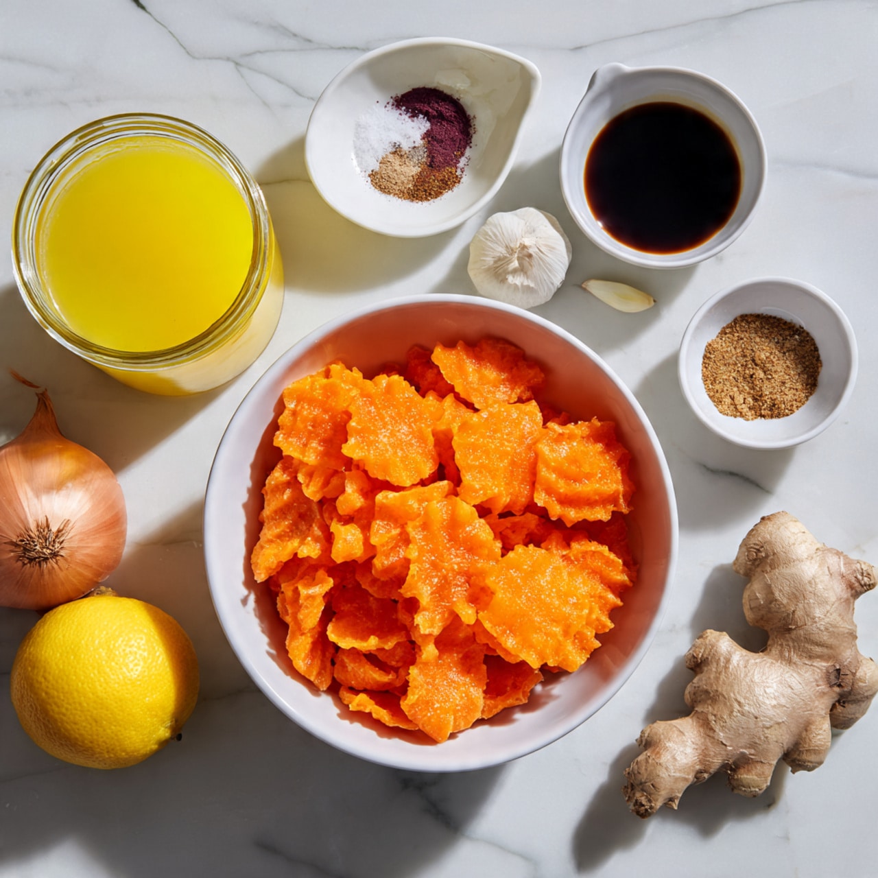 The image shows a white bowl filled with bright orange crinkle-cut slices that look like sweet potatoes, placed on a white marbled surface. Next to the bowl are several small white dishes holding different spices and a dark liquid. A glass jar of yellow juice is on the left side. Nearby, there is a whole onion with light brown skin, a yellow lemon, some garlic cloves, and a small piece of ginger. All items are arranged neatly on the white marbled surface. photo taken with an iphone --ar 4:5 --v 7