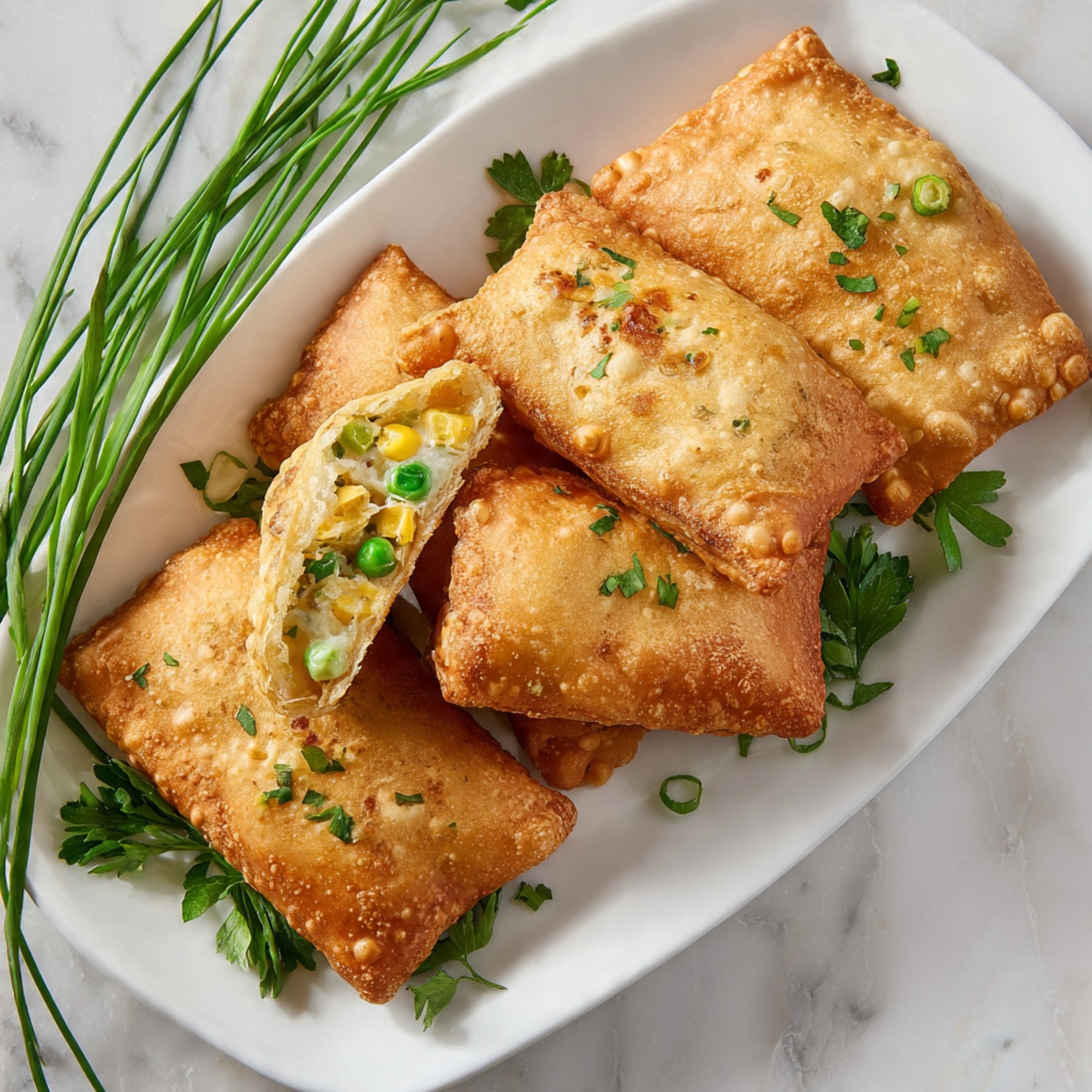 The image shows five golden brown fried rectangular pockets arranged on a white plate with leafy green herbs beside them. One pocket is broken open, revealing a creamy filling with small pieces of green peas and yellow corn inside. The fried pockets have a crispy texture with small green herb pieces sprinkled on top. The plate sits on a white marbled surface with some long green herbs placed next to it. Photo taken with an iphone --ar 4:5 --v 7