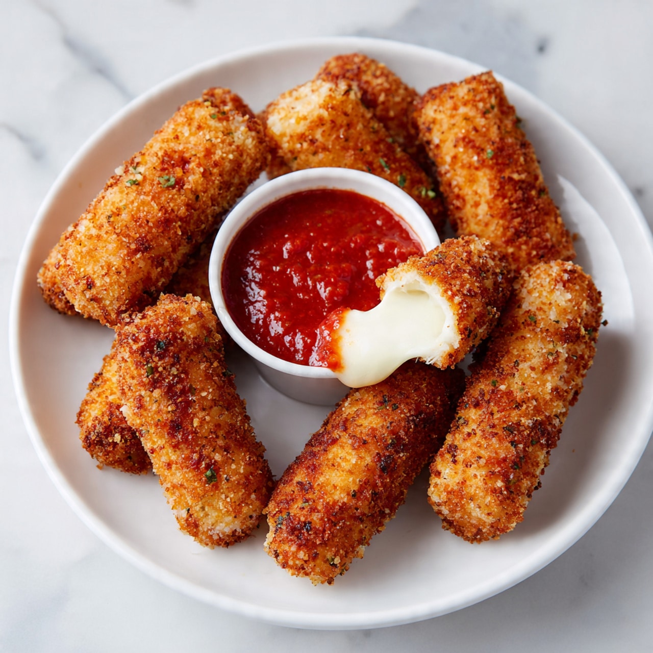 A white plate with six golden-brown crispy mozzarella sticks arranged in a loose circle around a small white cup filled with thick red marinara sauce in the center. The mozzarella sticks have a crunchy, textured coating with some melted white cheese oozing out from one stick in the front, showing its soft inside. The plate sits on a white marbled surface. photo taken with an iphone --ar 4:5 --v 7