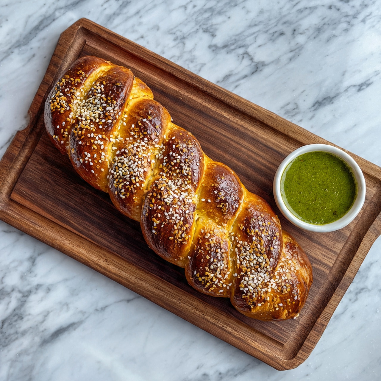 A golden brown braided pastry lies on a dark wooden board, topped with scattered sesame seeds that add texture and contrast. Next to the pastry on the right side, there is a small white bowl filled with a smooth green sauce. The wooden board is placed on a white marbled surface, creating a clean and bright setting for the food. photo taken with an iphone --ar 4:5 --v 7