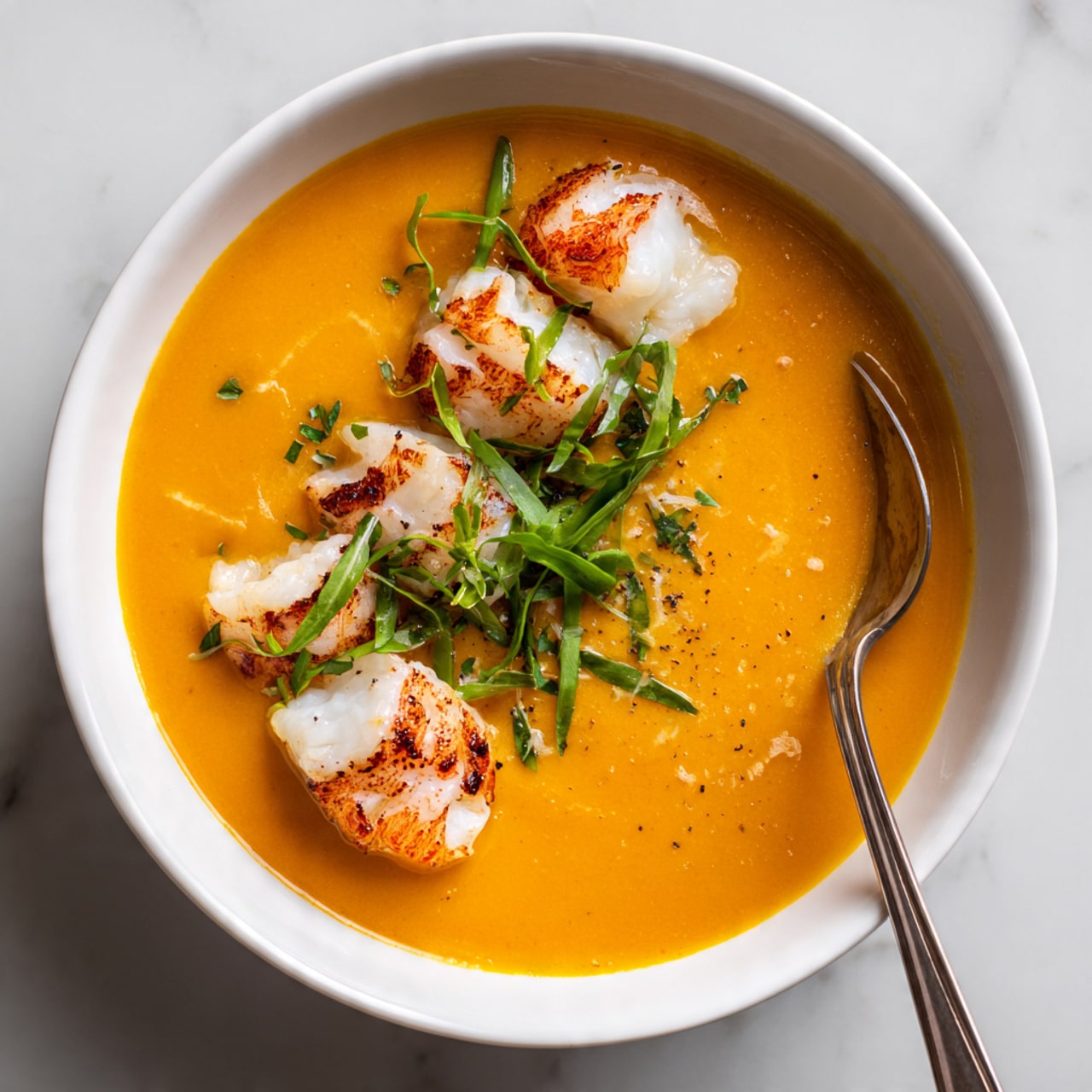 A white bowl filled with smooth, bright orange soup with a creamy texture. On one side of the bowl, there are several pieces of white and light pink seafood, arranged neatly in a line. Small green herbs are sprinkled over the soup, adding contrast with their fresh, fine texture. A silver spoon is placed inside the bowl, resting on the right side. The bowl sits on a white marbled surface. photo taken with an iphone --ar 4:5 --v 7