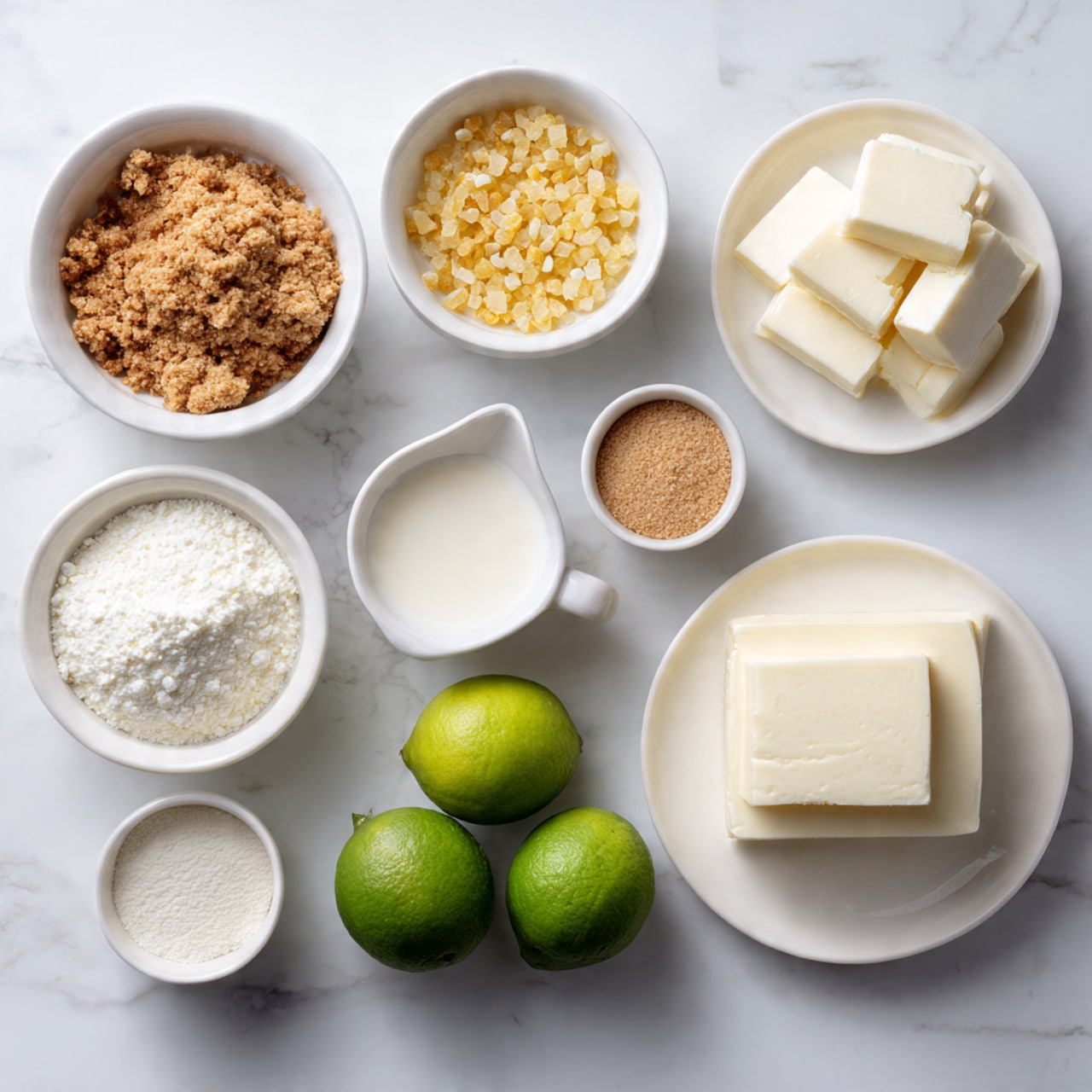 The image shows a white marbled surface with various small white bowls and plates arranged in a loose grid. There are three white round bowls filled with different ingredients: one with light brown crumbs, one with small yellow fruit pieces, and one with two large blocks of white cream cheese. A white plate holds a stack of white chocolate squares. Three small white dishes contain a green lime, a chunk of pale yellow butter, and a light brown powder. A small white pitcher holds cream. The items are spread evenly across the scene, showing the different textures such as smooth cream cheese, crumbly crumbs, and soft fruit pieces. photo taken with an iphone --ar 4:5 --v 7