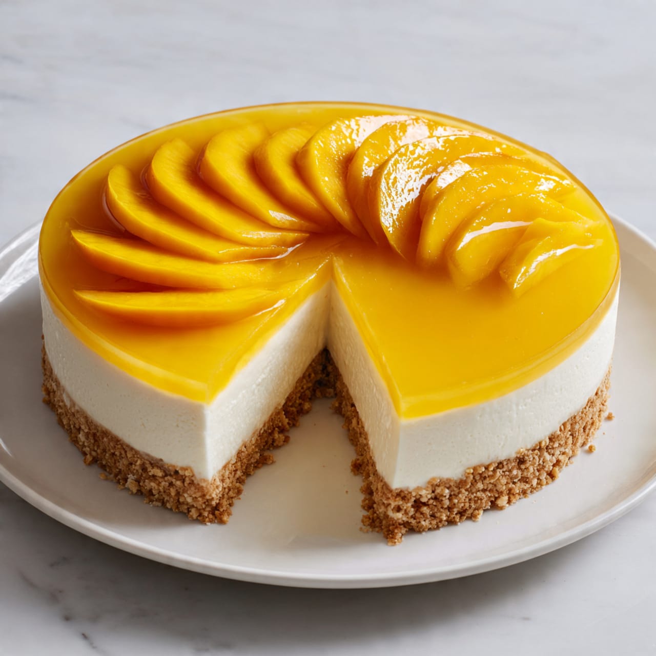 A round cake with three clear layers stands on a white plate, placed on a white marbled surface. The bottom layer is a crumbly light brown crust, the middle layer is thick, white, and creamy, and the top layer is smooth and shiny yellow jelly. On top, bright orange mango slices are arranged in a circular pattern, fanning out from the center towards the edge. One slice is removed, showing the inside layers clearly. Photo taken with an iphone --ar 4:5 --v 7