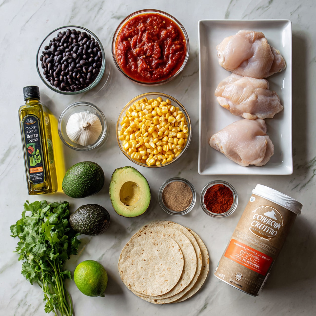The image shows ingredients arranged neatly on a white marbled surface: in the top left, a clear round bowl with black beans, beside it a similar bowl filled with red chunky tomato sauce, and on the right, a rectangular white plate holding two raw pale pink chicken pieces. Below the tomato sauce is a round clear bowl with bright yellow corn kernels. To the right lower corner is a white carton of chicken stock with orange and brown text, next to a tall dark green bottle of avocado oil with a bright label. Toward the bottom left, there is fresh green cilantro, a light brown onion, a dark green jalapeño, two garlic cloves, a whole dark green avocado, a bright green lime, and a stack of about five pale yellow corn tortillas in front. Two small clear bowls with ground spices, one reddish-brown and the other light brown, sit near the center. The colors contrast well, and everything is organized clearly. photo taken with an iphone --ar 4:5 --v 7