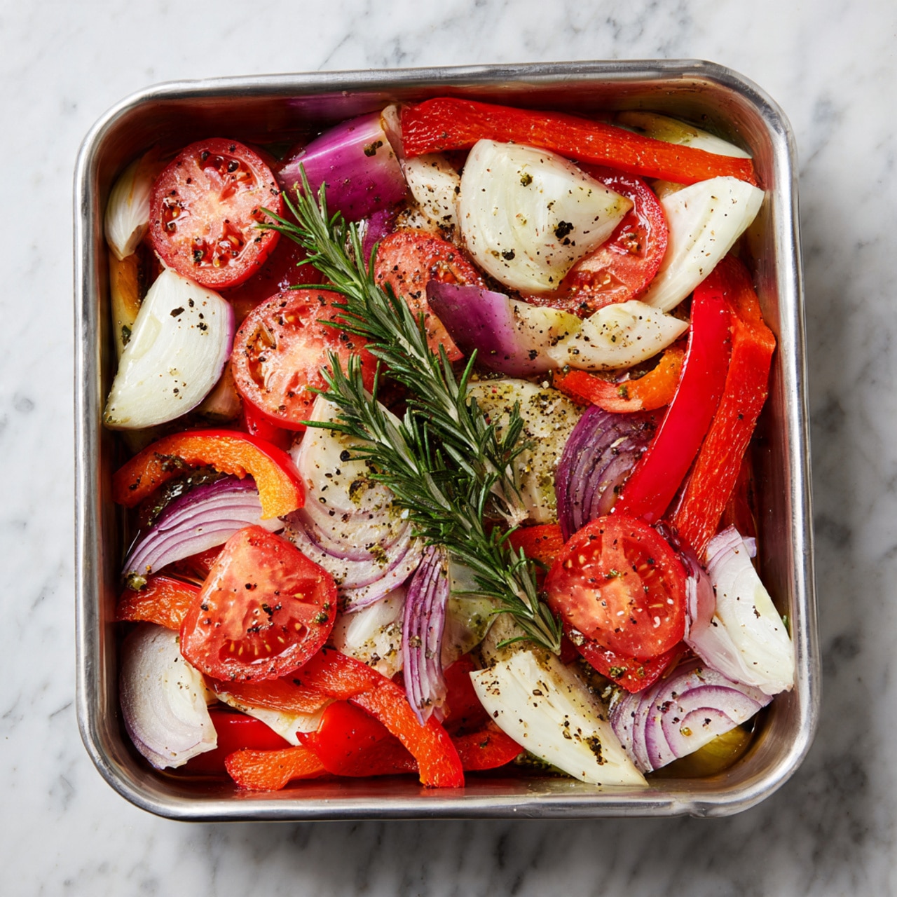 A metal rectangular pan filled with several layers of fresh vegetables: the bottom layer has roughly cut red bell pepper strips, on top are halved red tomatoes showing juicy interiors, large white onion chunks, and whole garlic cloves scattered around. A fresh green sprig of rosemary rests diagonally on the top layer. The vegetables are lightly coated with oil and sprinkled with black pepper. The pan is placed on a white marbled surface. photo taken with an iphone --ar 4:5 --v 7