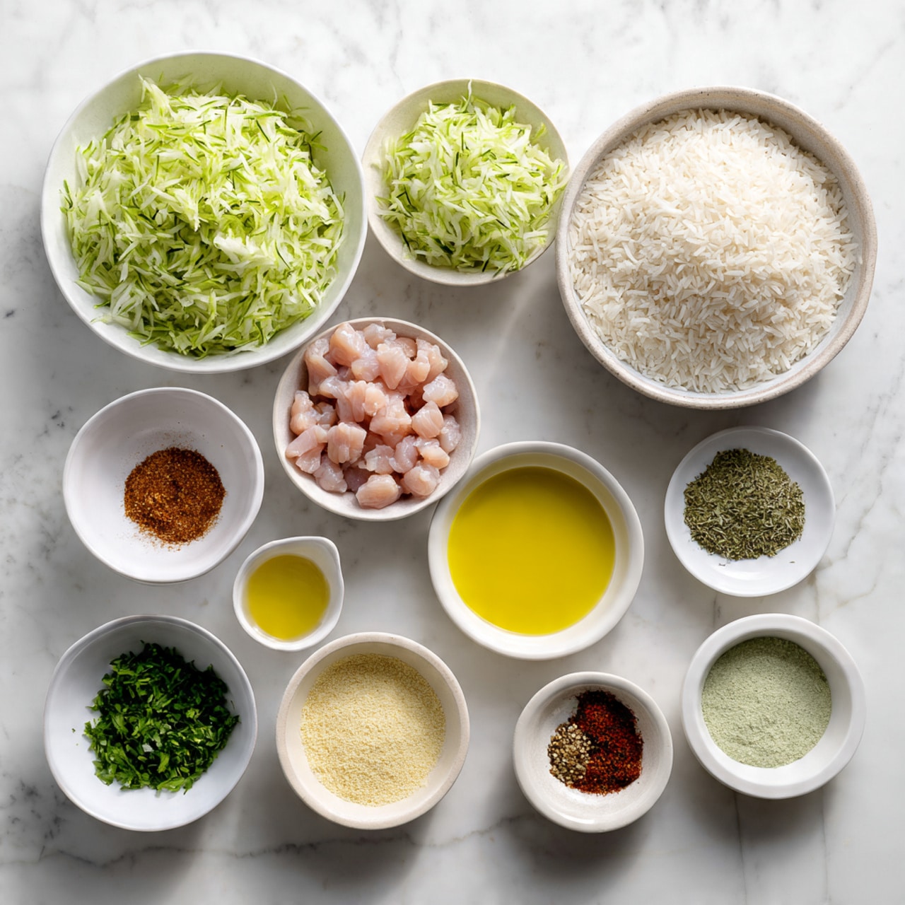 The image shows a white cutting board on a dark surface with thin, pale pink slices of chicken breast arranged in a fan shape on the left side and small diced chicken pieces on the right near a small knife. Above the board, there is a bowl with green broccoli florets and light brown mushroom pieces, a white egg, a small dish of brown, black, and orange spices, a bowl of orange shredded cheese, and a bowl with a creamy white sauce. On the left side of the board, there is a wrapped package of light beige pastry sheets. The background is a white marbled texture. photo taken with an iphone --ar 4:5 --v 7