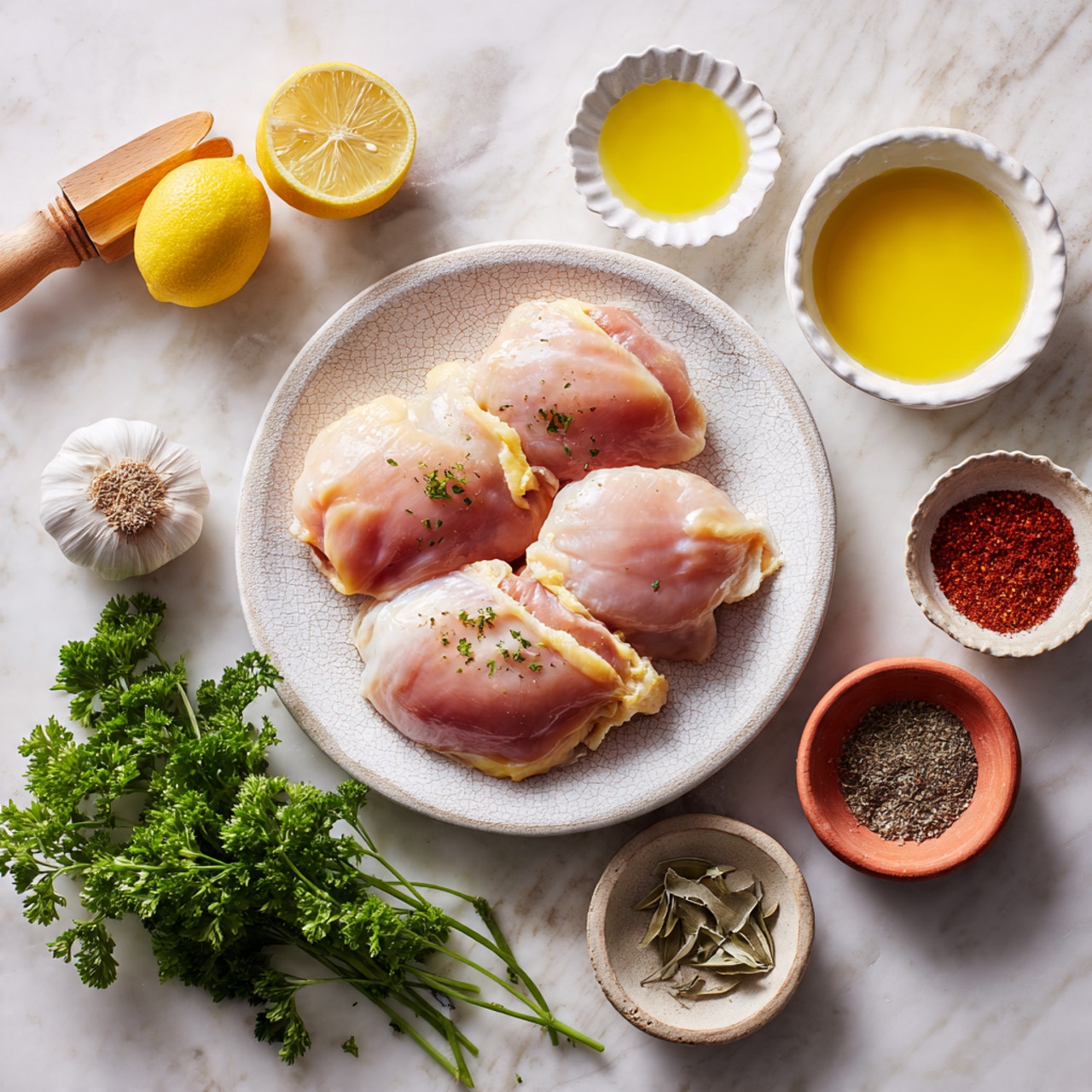 The image shows four raw chicken pieces placed side by side on a white textured round plate, positioned slightly to the right. Around the plate on a white marbled surface, there is a half lemon and a wooden lemon squeezer at the top left, a small white scalloped bowl with yellow olive oil above the plate, and a small white bowl with a yellow creamy mixture to the top right. On the left side below the lemon, there's a small terracotta bowl filled with red spice, and below it, a white scalloped bowl with dried herb leaves. At the bottom left corner, there is a bunch of fresh curly green parsley and a whole garlic bulb above it. To the right of these, near the bottom right of the plate, there are two small terracotta bowls containing salt and black pepper. Photo taken with an iphone --ar 4:5 --v 7
