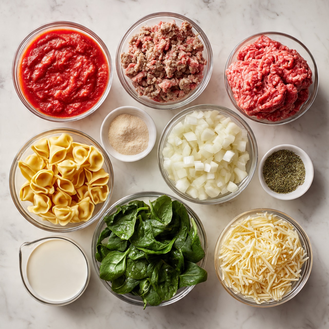 The image shows nine clear glass bowls of different sizes arranged on a white marbled surface. Starting from the top left, there is a bowl filled with bright red chunky tomato sauce, next to it a bowl with raw ground beef in a textured pink color. To the right, a small bowl contains dried green herbs, and next to it another small bowl holds a light beige powdery seasoning. Above these, a large bowl is full of diced white onion pieces, and three garlic cloves lie beside it on the surface. Below, a large bowl is filled with bright green chopped spinach leaves. To the left of the spinach, a medium bowl has uncooked yellow tortellini pasta, and next to it a small bowl is filled with shredded white cheese. On the far left, a medium bowl holds a white liquid, likely cream or milk. The bowls are evenly spaced with clear visibility of each ingredient’s texture and color. photo taken with an iphone --ar 4:5 --v 7
