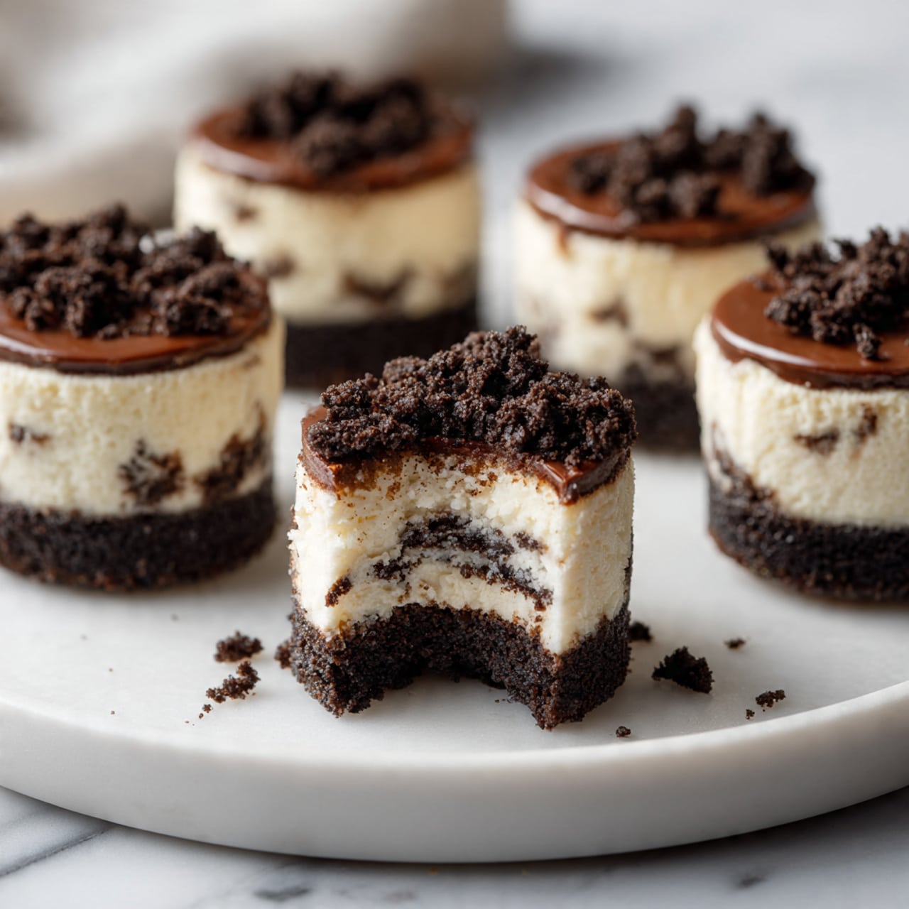 The image shows several small cheesecake bites arranged on a white plate, placed on a white marbled surface. Each bite has three visible layers: a dark chocolate cookie base at the bottom, a thick creamy white filling with small dark cookie crumbs mixed in the middle, and a crumbly dark chocolate cookie topping layer. The cheesecake bite in the front has a small bite taken out, revealing the textured creamy filling and cookie base inside. Photo taken with an iphone --ar 4:5 --v 7