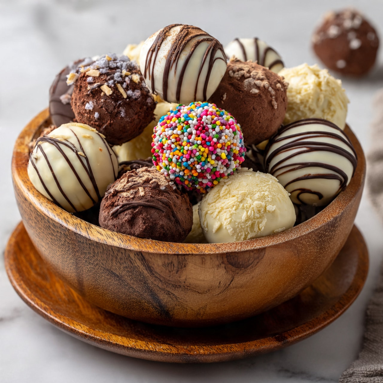 A wooden bowl filled with a variety of round chocolate truffles, each about the size of a large marble. Some truffles are smooth and covered fully in dark or white chocolate with thin stripes of the opposite color drizzled over the top. There are a few dusted in cocoa powder giving them a rough, matte brown texture. One truffle is coated in tiny, colorful round sprinkles, creating a bright, bumpy surface. The bowl sits on a white marbled surface, and part of a wooden plate holding more truffles can be seen near the bottom edge. The overall look is rich and inviting with contrasts of shiny, matte, and textured finishes. photo taken with an iphone --ar 4:5 --v 7
