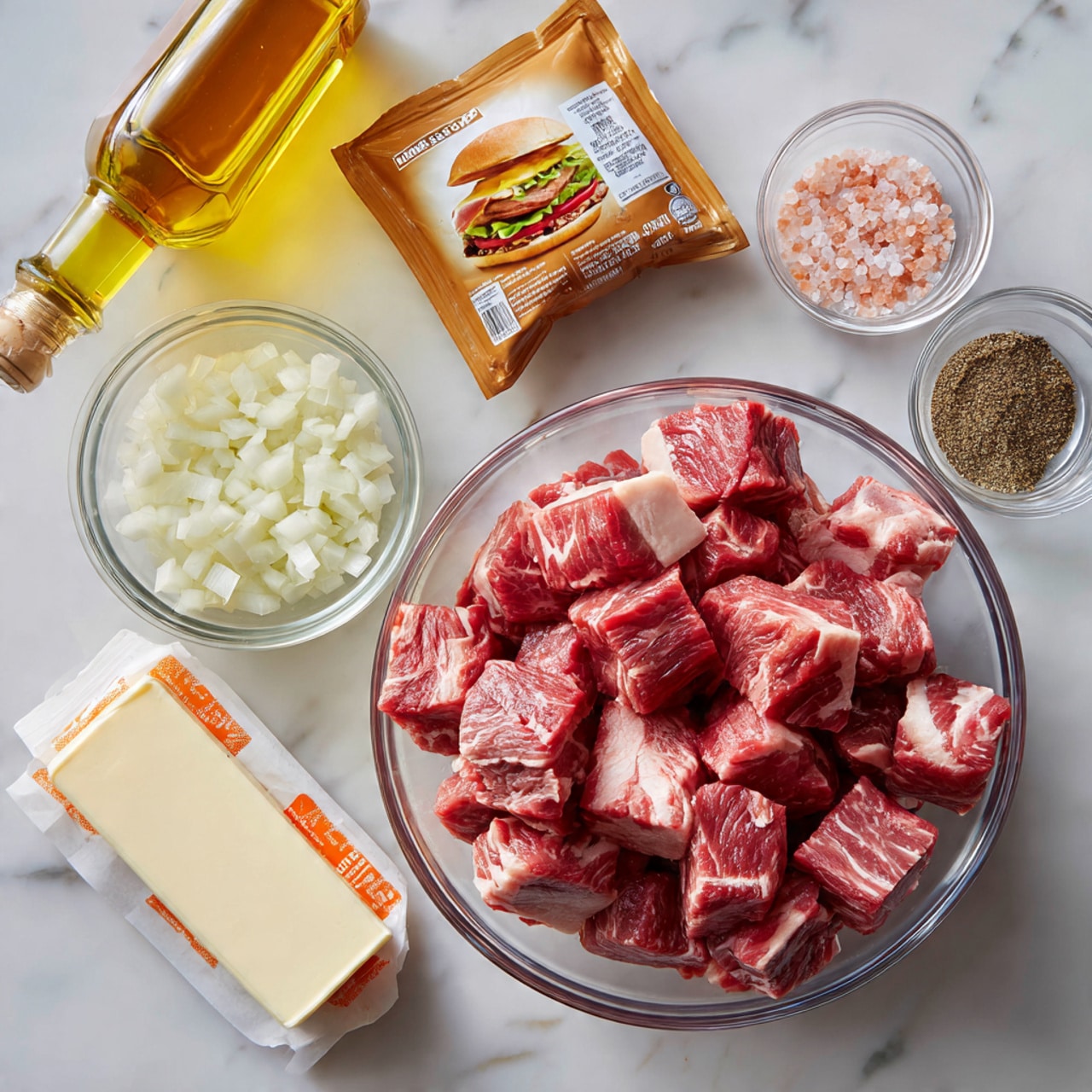 A clear glass bowl filled with many chunks of raw beef with white marbled fat sits in the bottom center of the image on a white marbled surface. Above the bowl is a packet of brown au jus gravy with an image of a sandwich on it. To the right of the packet, there is a small clear glass bowl filled with finely chopped garlic, and above that, another small clear glass bowl with finely chopped white onions. On the top left, there is a tall glass bottle filled with golden olive oil. Near the bottle is a small white stick of butter with orange markings. In the top right corner, there are two clear plastic containers: one filled with pink Himalayan salt and the other with black pepper. Everything is arranged neatly on the white marbled surface. photo taken with an iphone --ar 4:5 --v 7