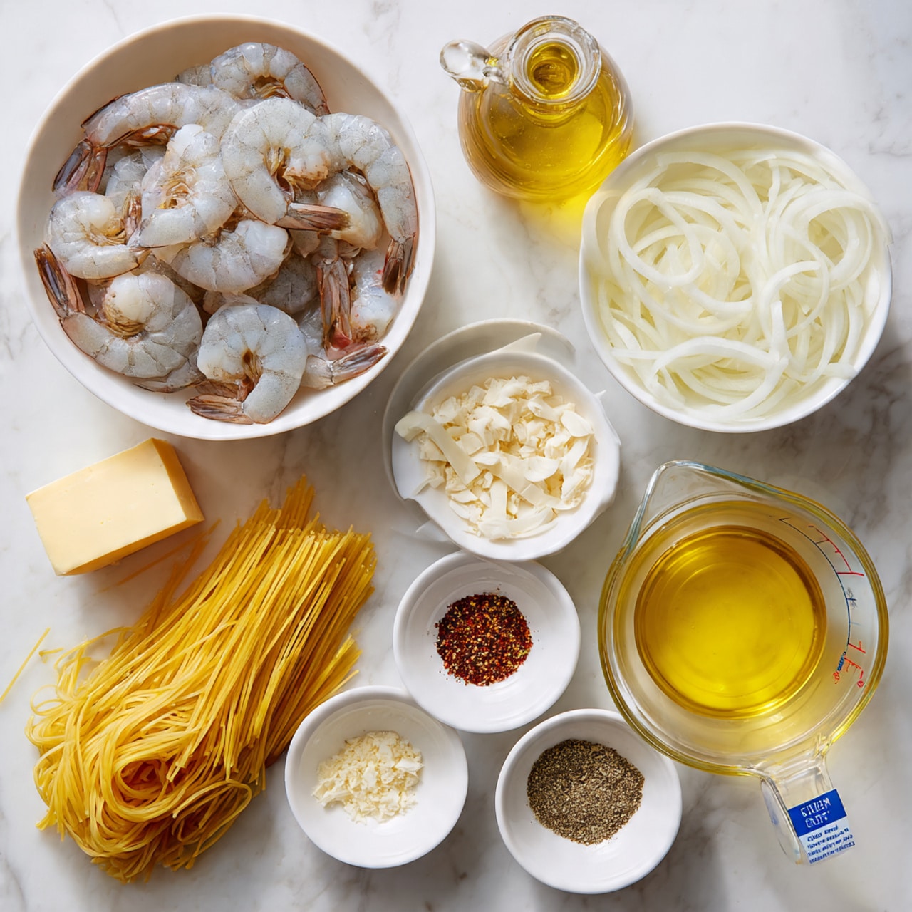 The image shows a white bowl filled with raw shrimp at the top left, surrounded by small white bowls and containers. To the right, there is a white bowl with thin white sliced onions. Below that is a clear glass measuring cup filled with a yellow liquid. At the bottom left, a block of pale yellow butter sits on the white marbled surface next to a small pile of uncooked yellow spaghetti pasta with a blue label. There is also a small white dish containing minced garlic and another with mixed spices including black pepper and reddish powder. A small clear bottle with light yellow oil is behind the bowls. Everything is set on a white marbled table. Photo taken with an iphone --ar 4:5 --v 7