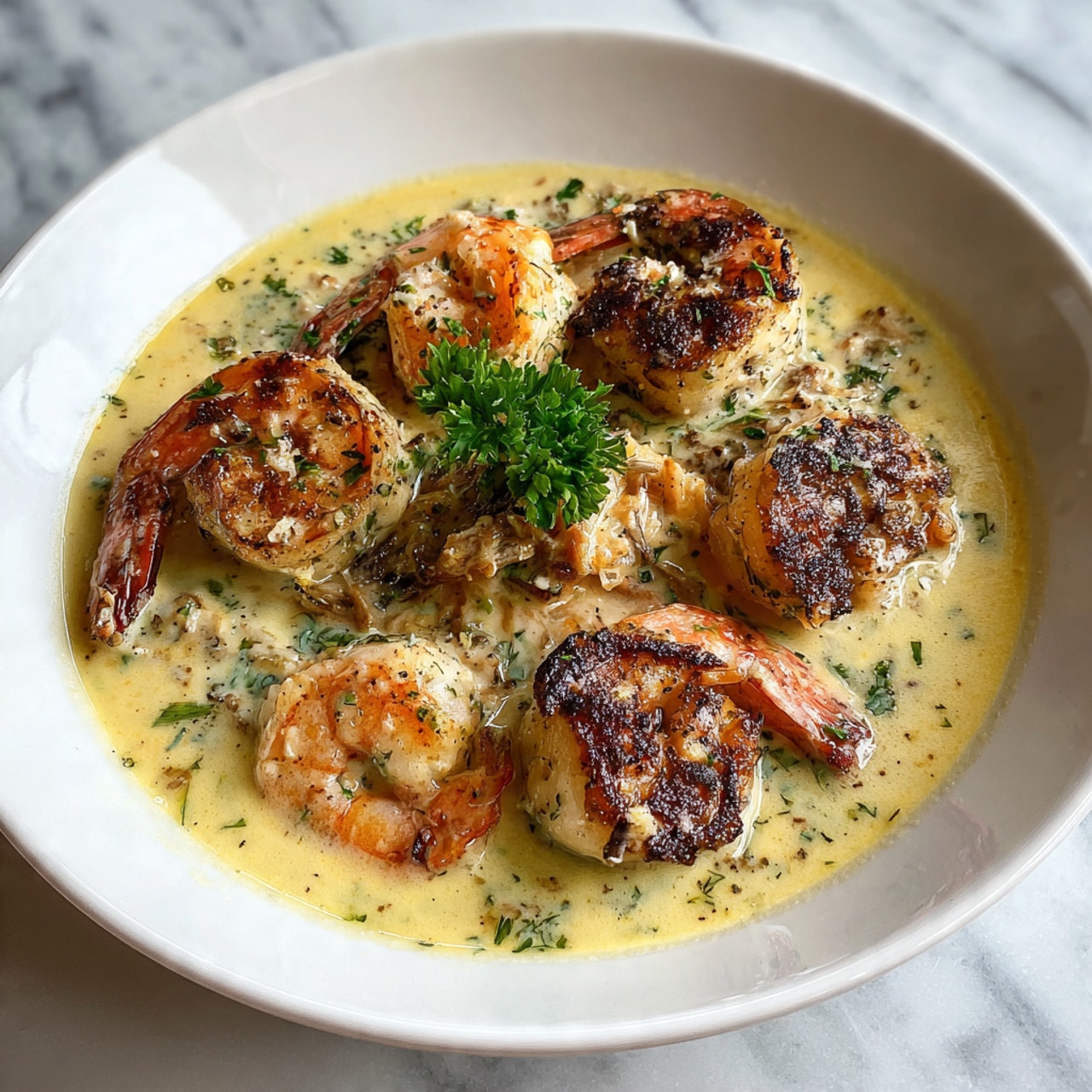 A white bowl filled with several pieces of cooked shrimp and white fish in a creamy light yellow sauce. The seafood has a slightly browned, grilled texture on top, with some shrimp showing their pink color and tails curled. A small sprig of green parsley sits in the center as a garnish. The bowl rests on a white marbled surface. photo taken with an iphone --ar 4:5 --v 7