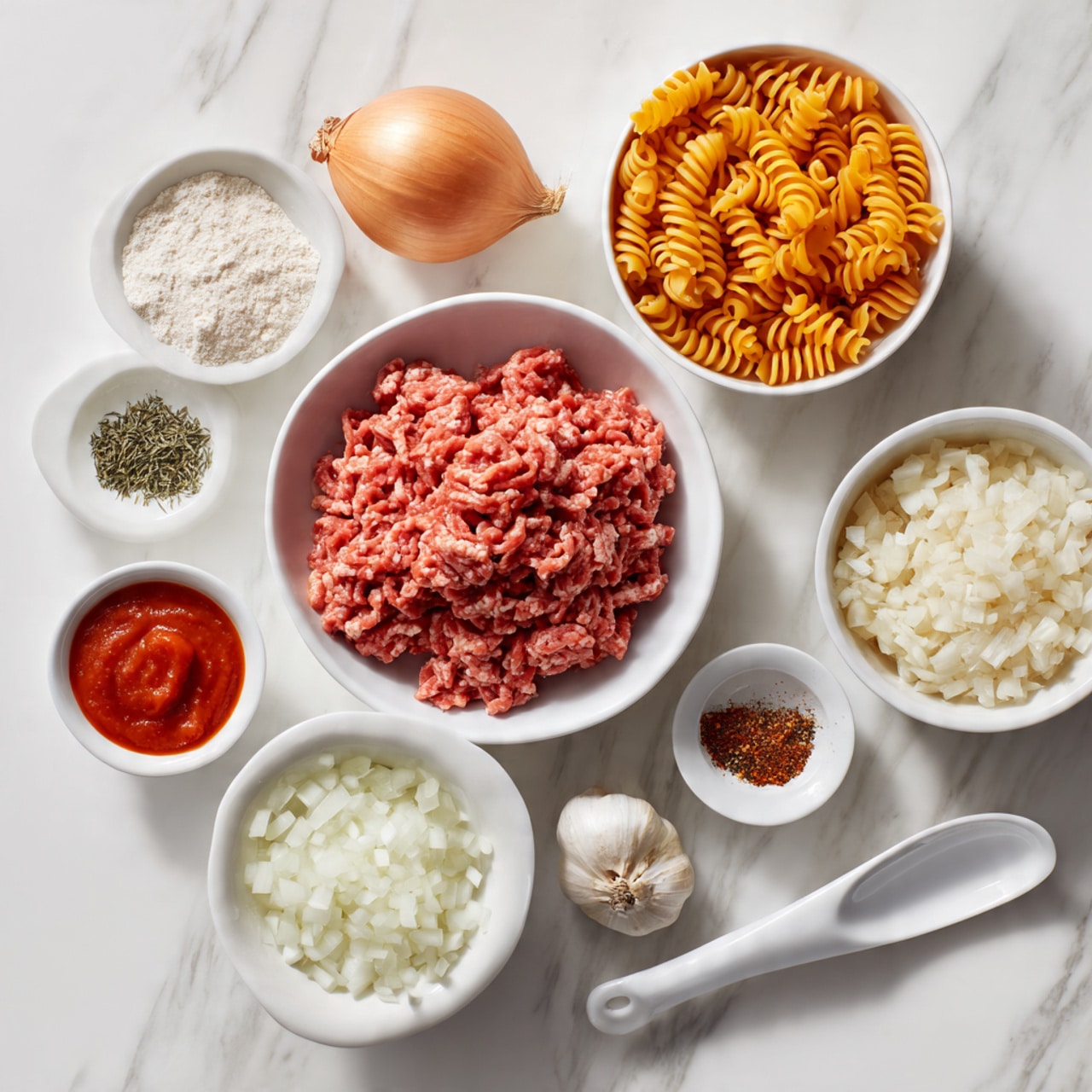 A white bowl filled with raw ground meat sits among several white bowls and dishes containing various ingredients. One bowl holds a white powdery substance, another is filled with finely chopped white onions, and a small bowl has red sauce. There are also uncooked orange spiral pasta pieces in another white bowl, a whole bulb of garlic, a small dish with green dried herbs, and small portions of red spice, oil, and black pepper visible. The items are arranged neatly on a white marbled surface with a white spoon beside the bowls. Photo taken with an iphone --ar 4:5 --v 7