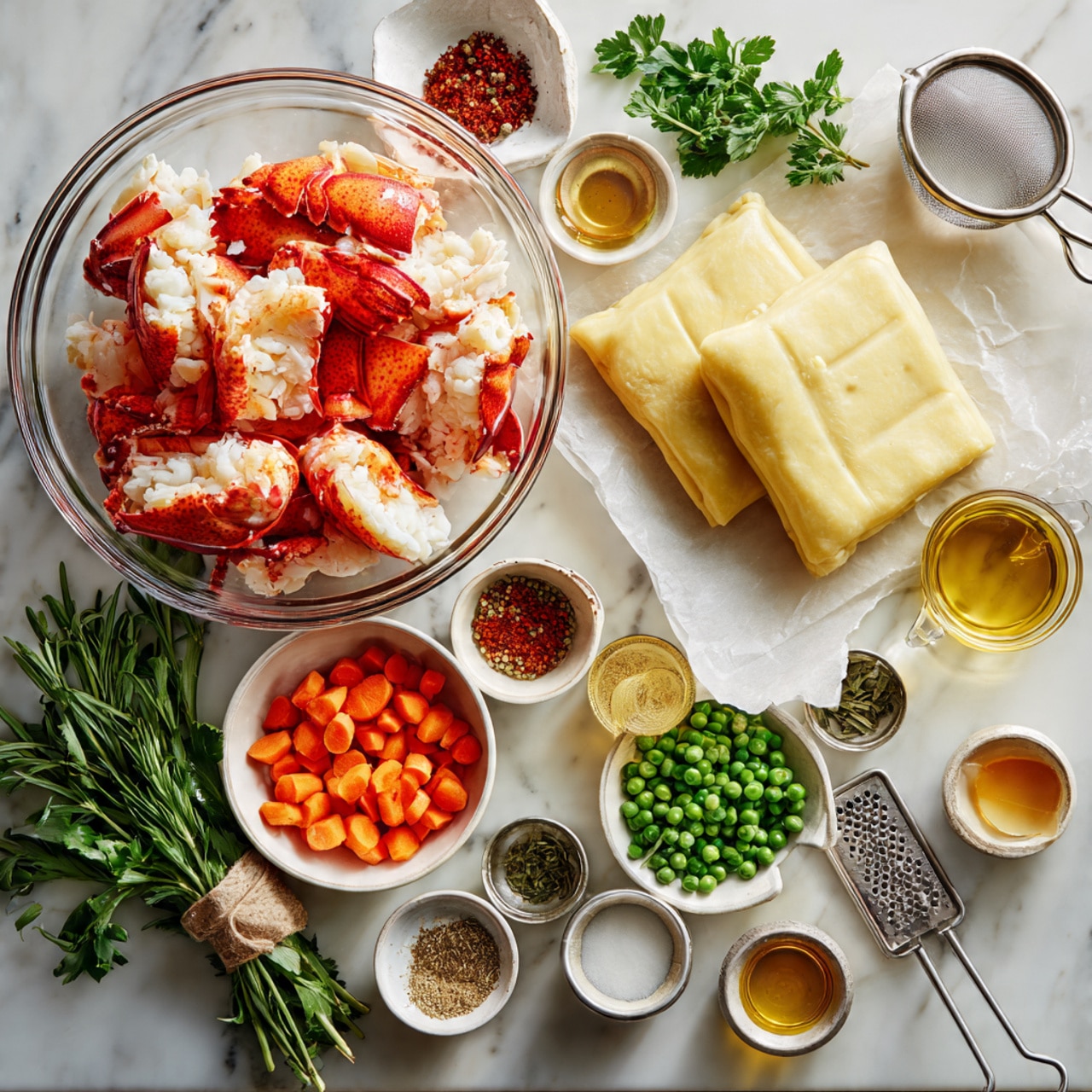 The image shows an organized collection of ingredients on a white marbled surface. At the center, there is a clear glass bowl filled with large pieces of bright red lobster claw meat layered over white lobster flesh. To the right, two folded sheets of pale yellow dough rest on white parchment paper. Surrounding the lobster and dough, there are small white bowls containing pale cubed potatoes, orange sliced carrots, and vibrant green peas. Fresh green herbs, including a tied bundle of tarragon and loose parsley, sit nearby. Several small metal and glass containers hold ground spices, red pepper flakes, golden liquid oils, light brown liquid, and cream. Utensils including two metal strainers, a wooden spoon, and a metal grater are placed around the ingredients, all neatly spread out. photo taken with an iphone --ar 4:5 --v 7