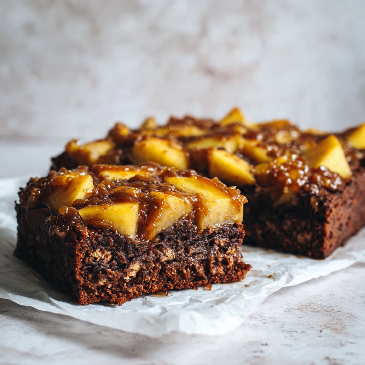 The image shows a close-up view of a square-shaped dark brown cake with a crumbly texture, topped with caramelized apple slices that are golden-yellow with a slightly shiny, sticky glaze. The cake has two visible layers: a dense, moist dark brown base and the top layer with scattered apple slices and a caramel glaze with a rough, bumpy texture. One piece of cake is cut out and placed in front of the main cake, showing the soft inside and apple topping clearly. The cake rests on white parchment paper placed on a white marbled surface with soft natural light shining on it, highlighting the rich textures photo taken with an iphone --ar 4:5 --v 7