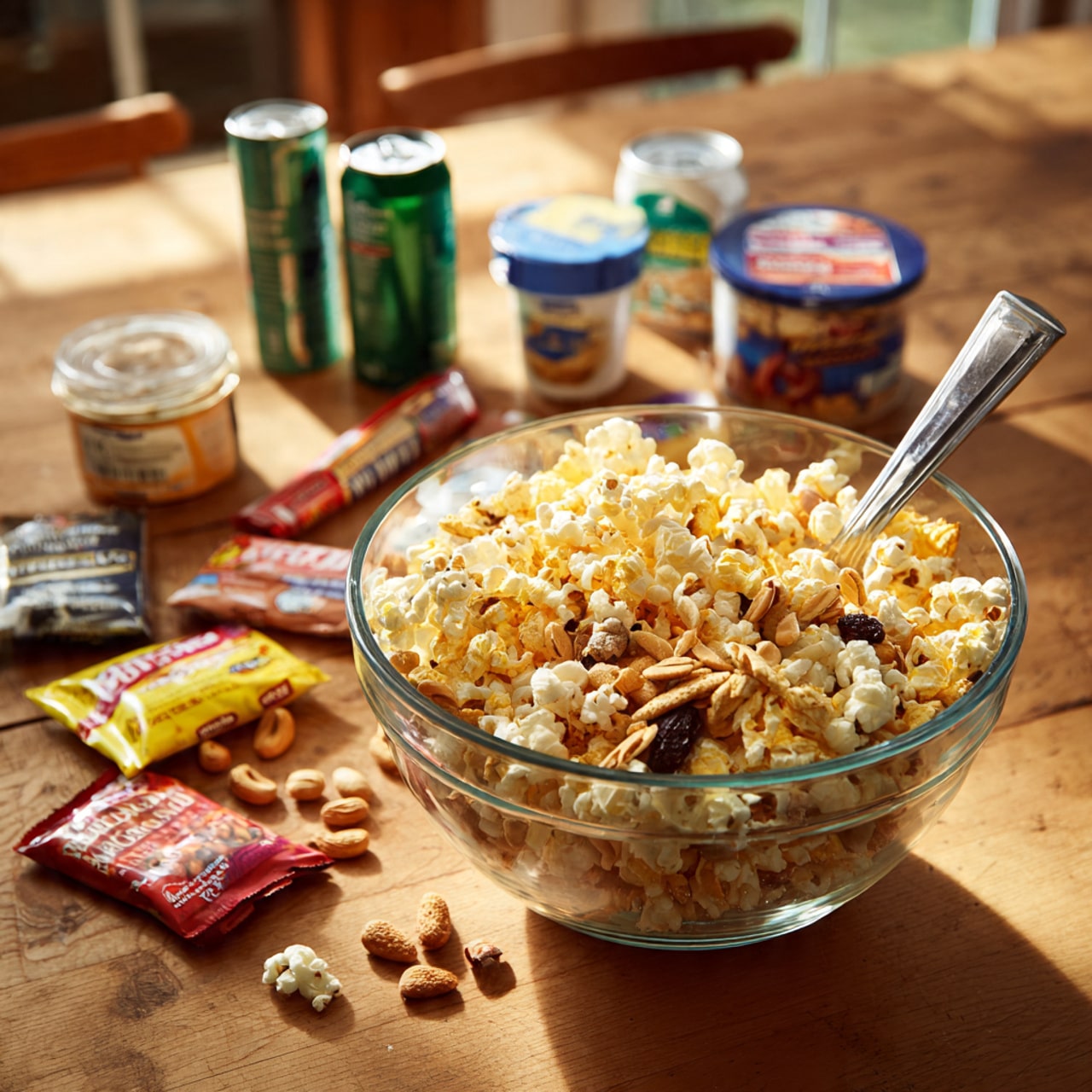 A large clear glass bowl sits in the middle of a long wooden table filled with a mixture of popcorn, nuts, and small crackers, all light yellow and beige in color with some dark brown spots. A silver spoon is placed inside the bowl on the right side. Around the bowl, there are six different food containers: a green can, a blue container, a small white tub with red and yellow labeling, a yellow and red bag, and two small rectangular packs with red and yellow designs. The background is a warm wooden interior with warm lighting. photo taken with an iphone --ar 4:5 --v 7