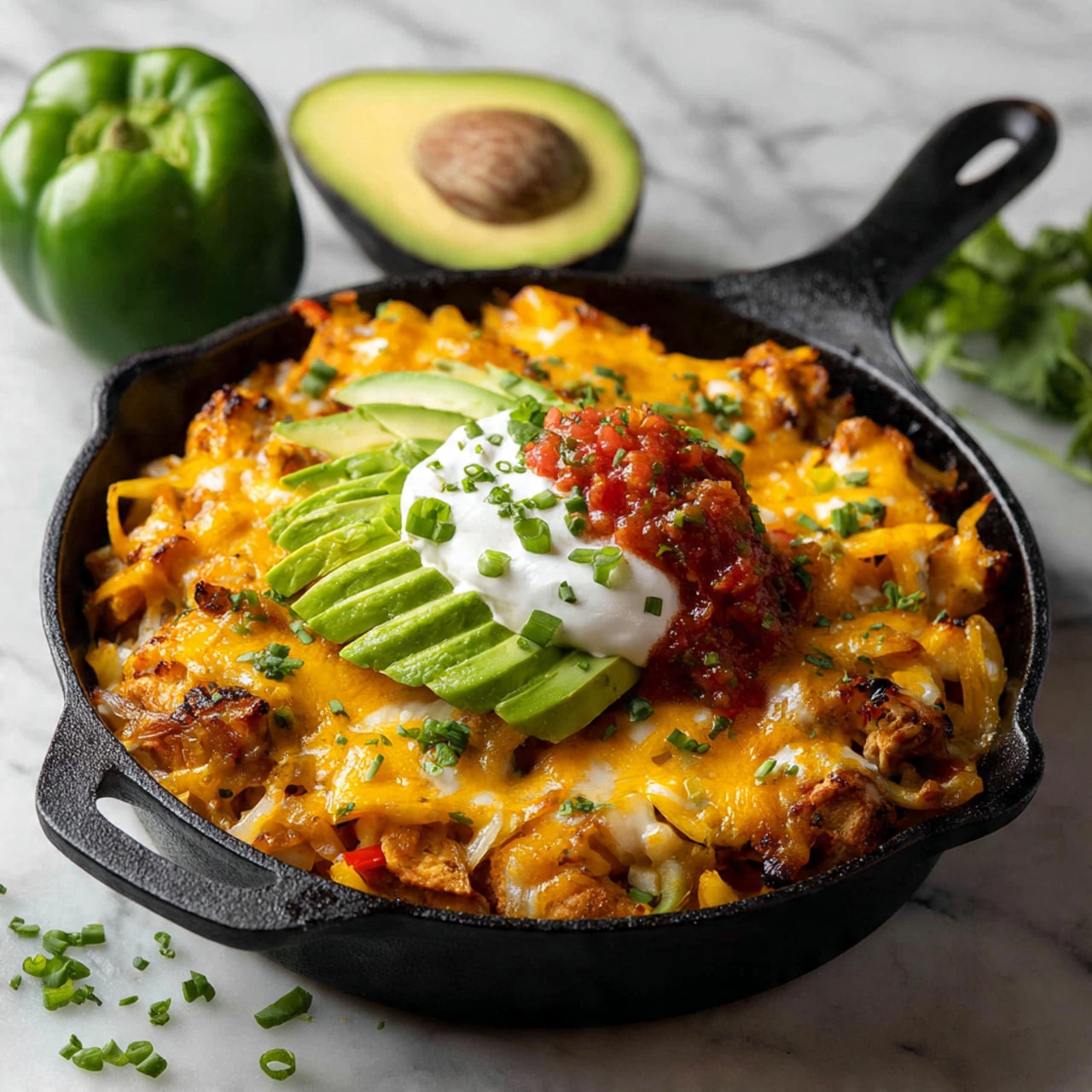 A black cast iron skillet filled with a dish layered from the base showing cooked chicken pieces mixed with sliced yellow and red bell peppers and onions, topped with a thick, melted layer of bright orange cheddar cheese that covers the whole surface. On top, there are fresh green slices of avocado fanned out, a small dollop of white sour cream, and a spoonful of red salsa, sprinkled with chopped green onions and small bits of green herbs, all placed on a white marbled surface with a green bell pepper and half an avocado nearby. Photo taken with an iphone --ar 4:5 --v 7
