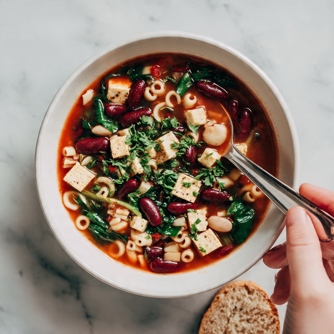 The image shows a white bowl filled with soup placed on a white marbled surface. The soup has a bright red broth with bits of white small pasta rings, dark red kidney beans, fresh green spinach leaves, and small cubes of beige tofu or cheese mixed throughout. Fresh green herbs are sprinkled on top, adding a pop of color. A silver spoon rests inside the bowl, with a woman's hand holding it. A small piece of brown bread is partially visible at the bottom right corner. photo taken with an iphone --ar 4:5 --v 7