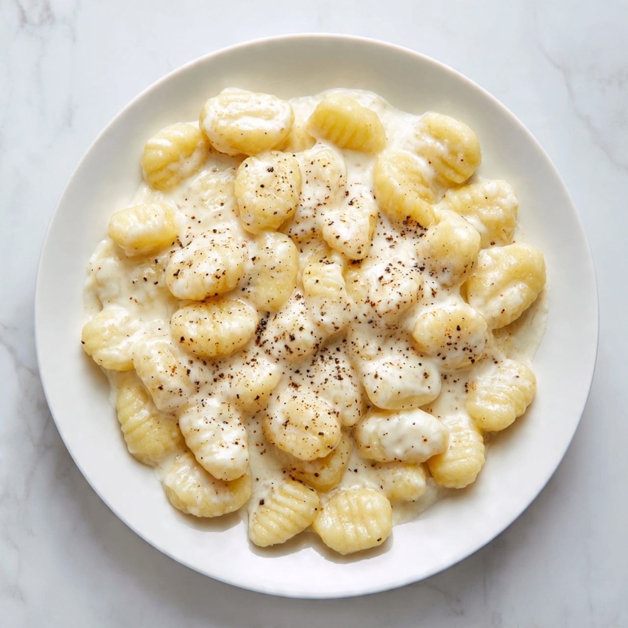 The image shows a white plate filled with small, soft potato gnocchi covered in a creamy white sauce with visible specks of black pepper on top. The gnocchi are arranged mostly flat with the sauce smoothly spread over them, giving a slightly glossy look. The background is a white marbled surface, and the lighting highlights the soft texture of the gnocchi and the smooth sauce. photo taken with an iphone --ar 4:5 --v 7