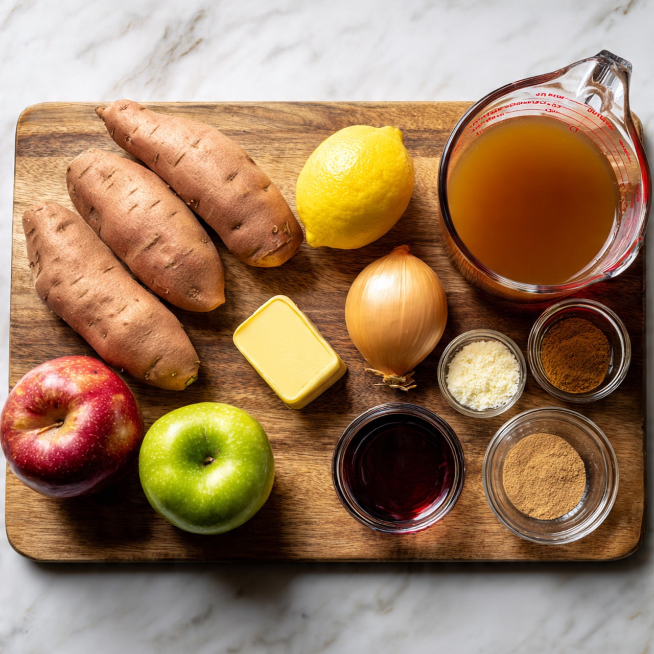 The image shows a wooden cutting board with eight items arranged neatly on it. On the left side, there are four medium-sized, light brown sweet potatoes stacked in two rows. Below them is a green and red apple, sitting near a small block of yellow butter. To the right of the apple and butter, there is a small glass bowl filled with dark reddish liquid, next to two smaller glass bowls containing light brown and dark brown powders respectively. Above these, there is a whole pale yellow onion and a bright yellow lemon. To the top right corner of the board, a large glass Pyrex measuring cup is filled with a clear brownish liquid. The background surface is a white marbled texture. photo taken with an iphone --ar 4:5 --v 7