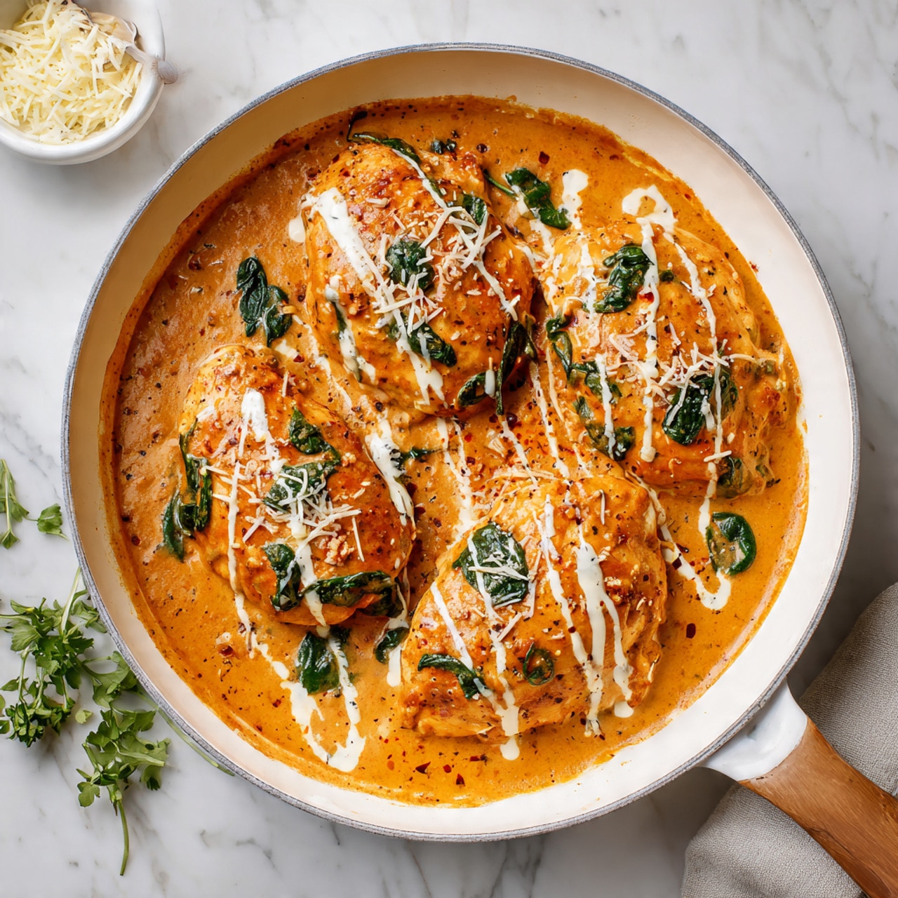 The image shows a white pan filled with three large pieces of chicken covered in a thick orange sauce. The sauce has a creamy texture with specks of spices and is topped with small green spinach leaves scattered on and around the chicken. There are thin streaks of white cream drizzled over the sauce and chicken, along with grated light-colored cheese sprinkled over the top. The pan rests on a white marbled surface with some green herbs around it. Photo taken with an iphone --ar 4:5 --v 7