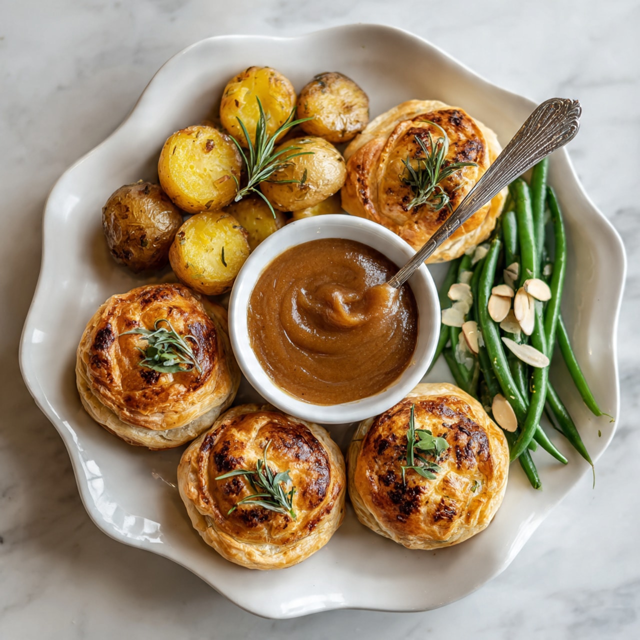The dish shows five golden-brown puff pastries arranged in a circle on a white plate with a wavy edge, each puff having a sprig of green herb on top. In the center of the plate is a small white bowl filled with a thick, creamy brown sauce and a silver spoon. Around the pastries, there are roasted small potatoes that are yellow with a slightly crispy skin, placed on the left side, and bright green beans with sliced almonds on the right side. The whole plate is set on a white marbled surface. Photo taken with an iphone --ar 4:5 --v 7