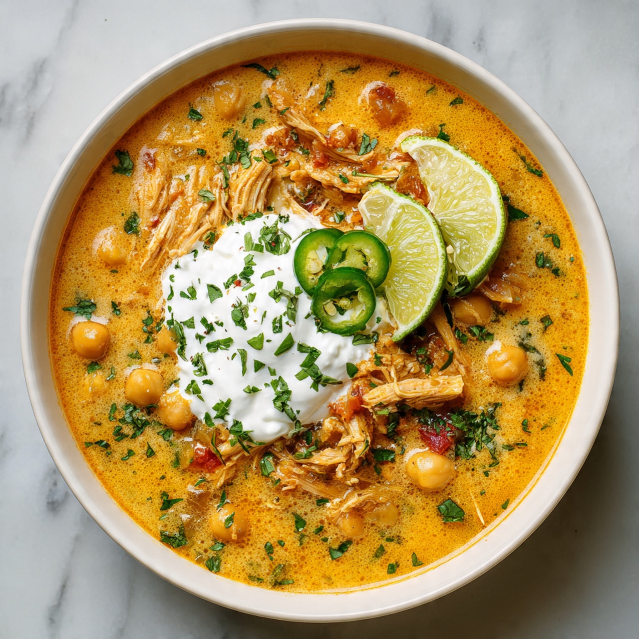 The image shows a close-up of a creamy orange soup in a white bowl resting on a white marbled surface. The soup has visible shredded chicken, chickpeas, and small chunks of red and green vegetables mixed throughout. On top, there is a dollop of white sour cream sprinkled with green herbs. Two bright green jalapeño slices sit on the sour cream, and two thin slices of lime are placed at the edge of the bowl. Fresh chopped green herbs are scattered over the surface of the soup, adding a fresh contrast to the warm colors. Photo taken with an iphone --ar 4:5 --v 7
