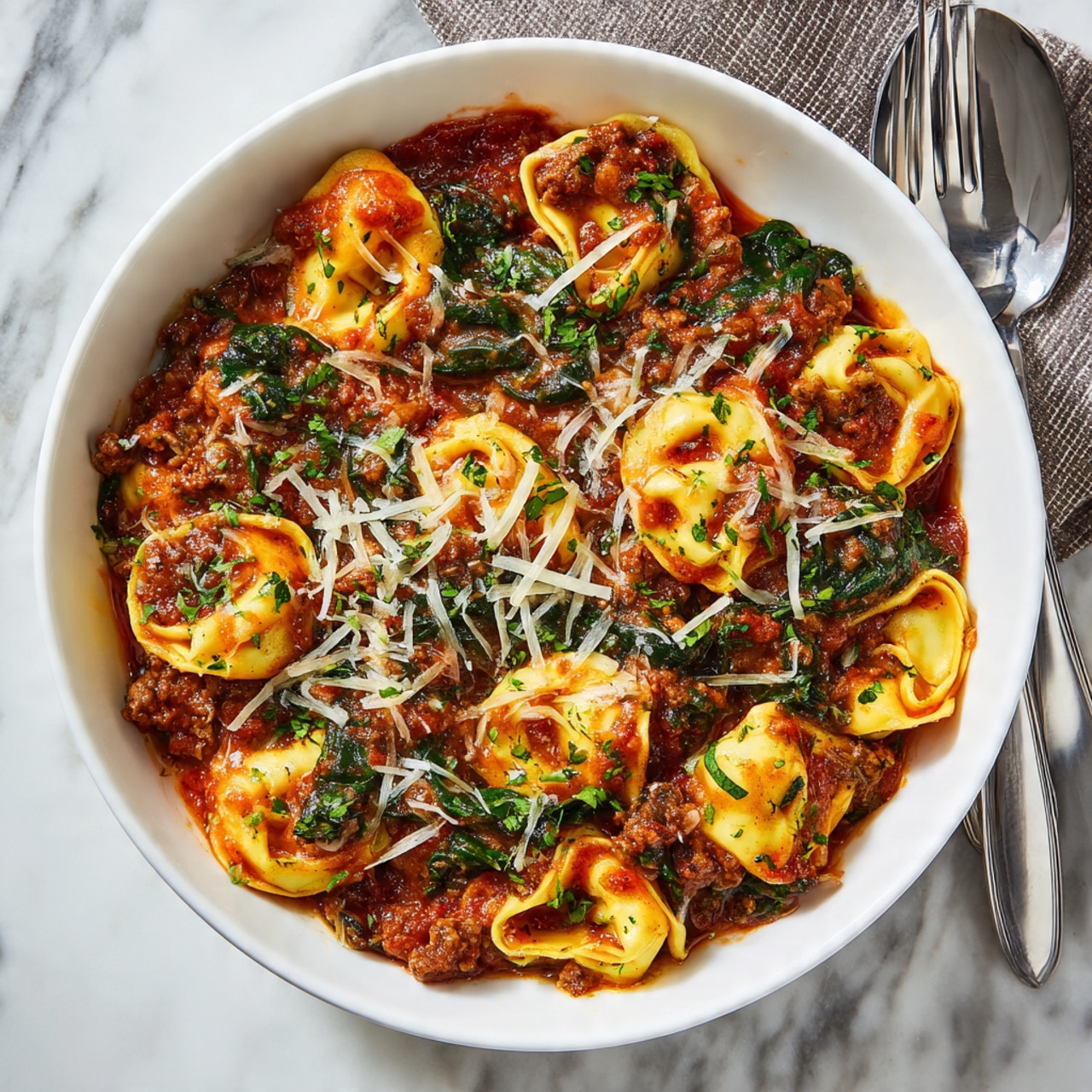 A white bowl filled with a saucy tortellini dish featuring about three layers: at the bottom, a thick rich red tomato sauce mixed with small browned meat bits and cooked dark green spinach leaves; the middle layer shows plump, golden-yellow tortellini pasta scattered evenly throughout; the top layer is sprinkled with thin, pale yellow shredded cheese and small green herb bits; the background is a white marbled surface with two silver forks placed beside the bowl; photo taken with an iphone --ar 4:5 --v 7