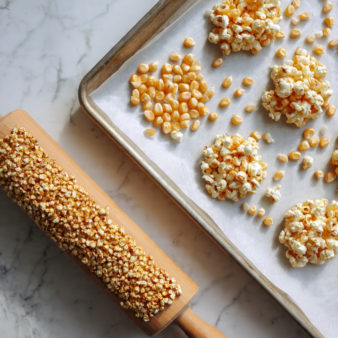 The image shows a baking tray with six piles of light yellow popcorn kernels spread evenly on a white parchment paper over a white marbled surface. Above this tray, two small sections display a close-up of the popcorn kernels, one with a rounder heap and the other with a more irregular shape. Below the tray, there is a wooden rolling pin covered with a layer of light golden popcorn, pressed down and sticking to the rolling pin. The whole scene has natural light, highlighting the textures of the kernels and the wood grain of the rolling pin. photo taken with an iphone --ar 4:5 --v 7