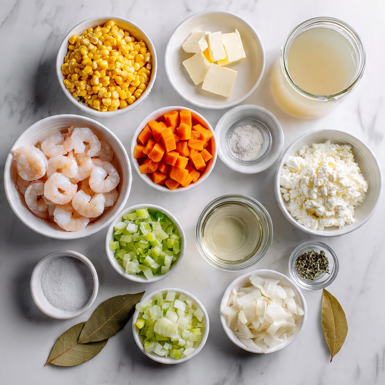 A top view of raw ingredients arranged neatly on a white marbled surface: small white bowls filled with yellow corn kernels cut from cob, peeled raw shrimp, chopped orange carrots, diced white onions, chopped green celery, minced garlic with dried herbs, and white powder seasoning; a small white bowl with two pats of butter, a glass jar with white cream, a small glass container holding pale yellow broth, and a single bay leaf laid on the surface. All items are in white bowls or jars except the glass containers for broth and cream, giving a clean, organized look. Photo taken with an iphone --ar 4:5 --v 7